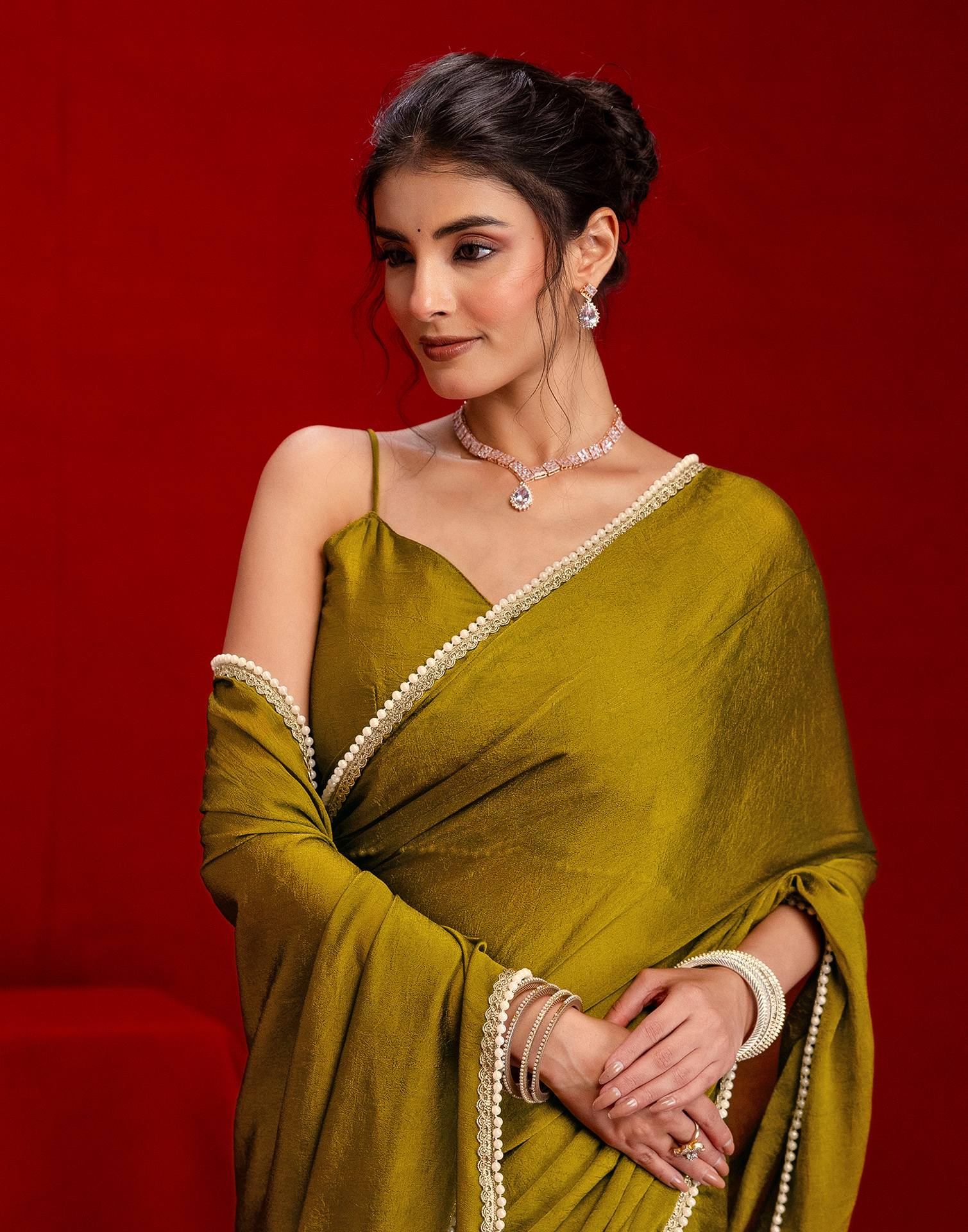 Olive Green Crush Silk Pearl Lace Saree - Image 2