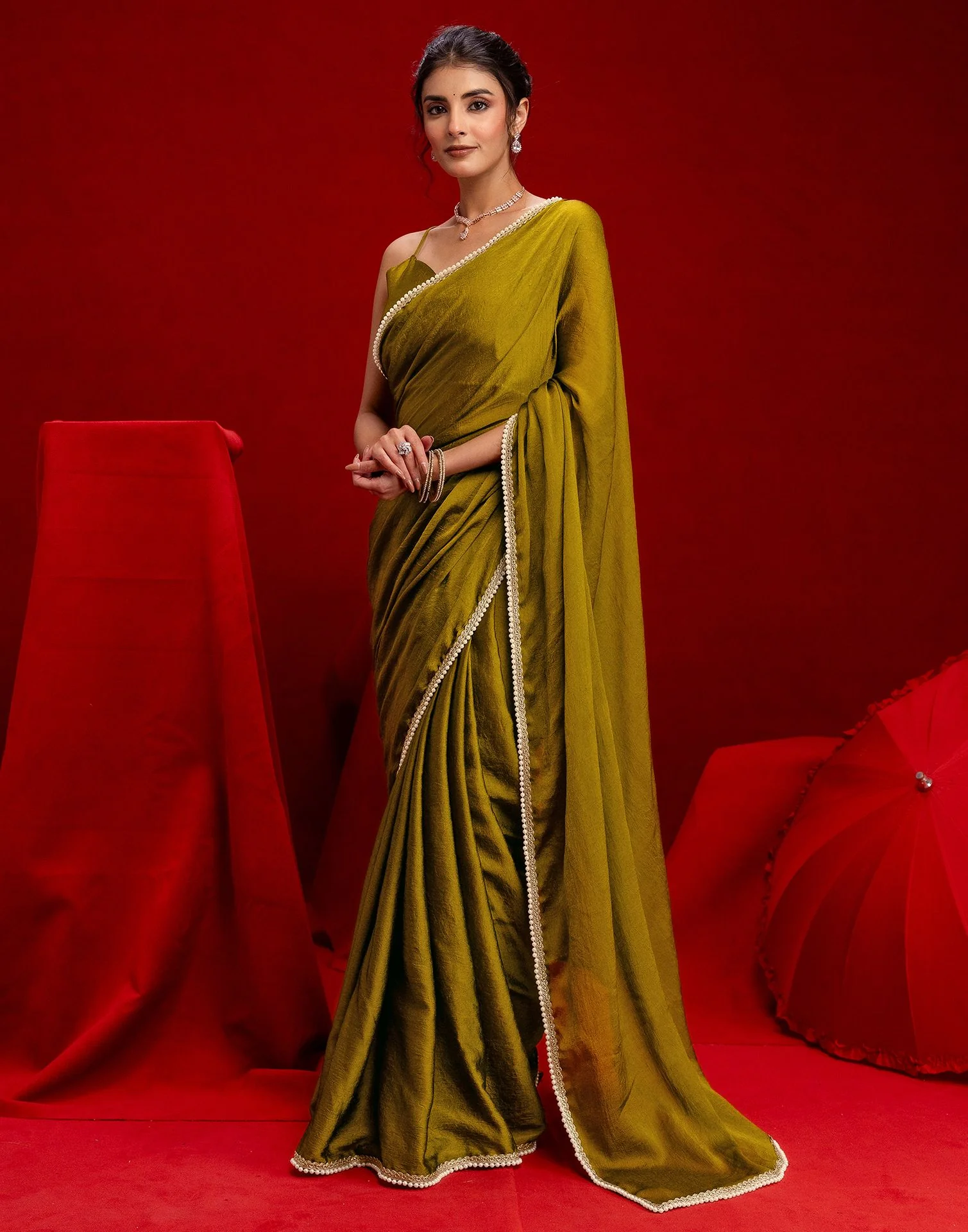 Olive Green Crush Silk Pearl Lace Saree - Image 5