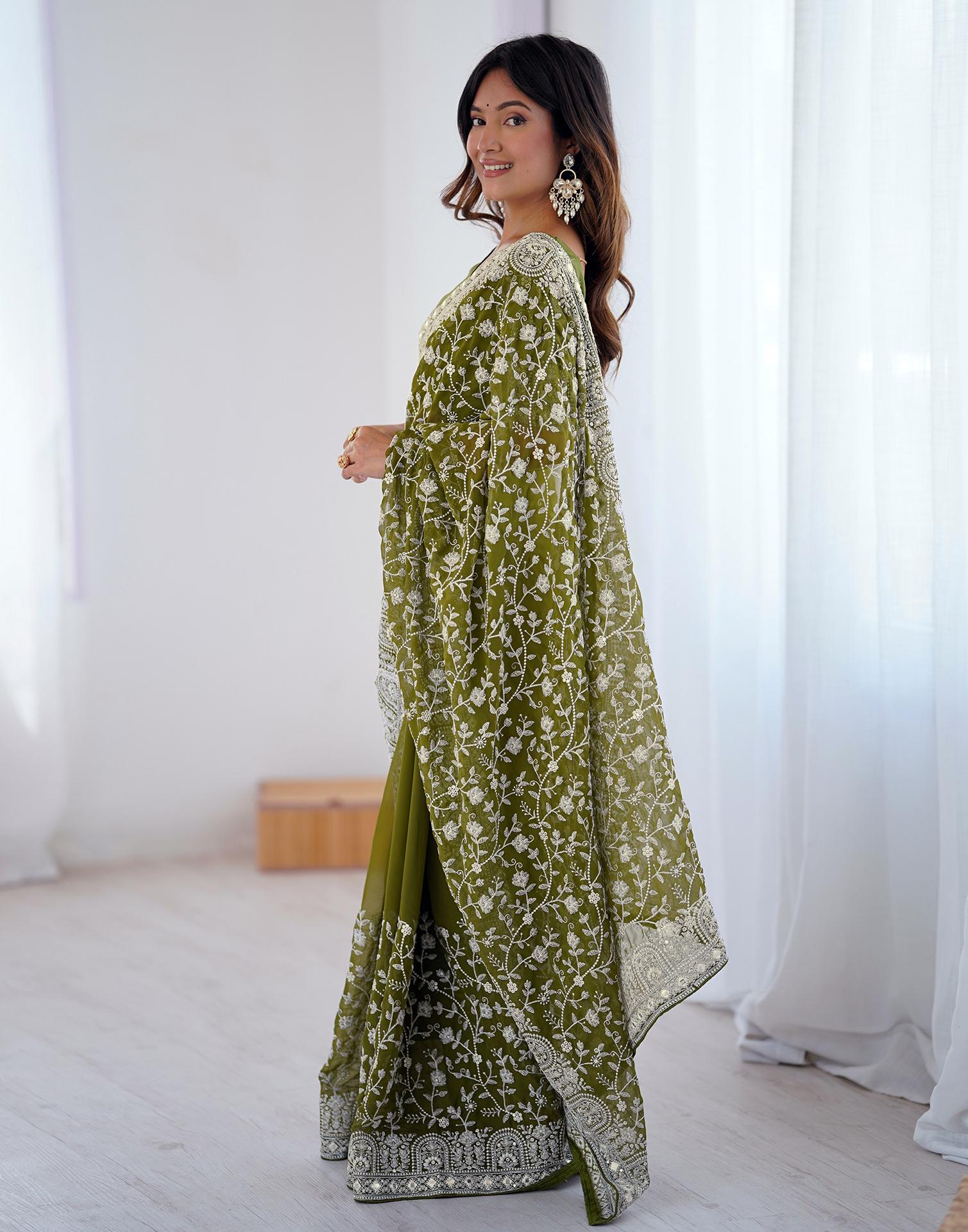 Olive Green Georgette Embroidery Saree - Image 4