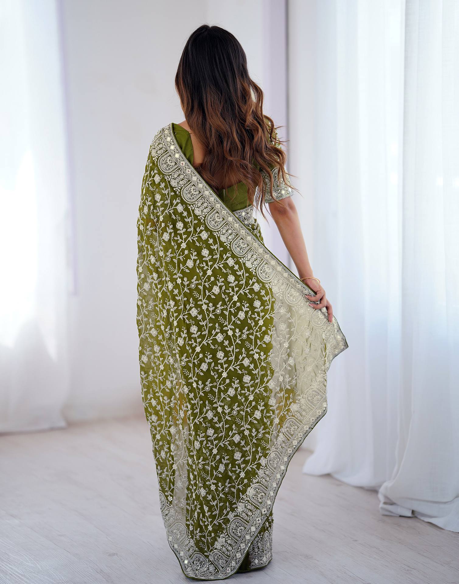 Olive Green Georgette Embroidery Saree - Image 6