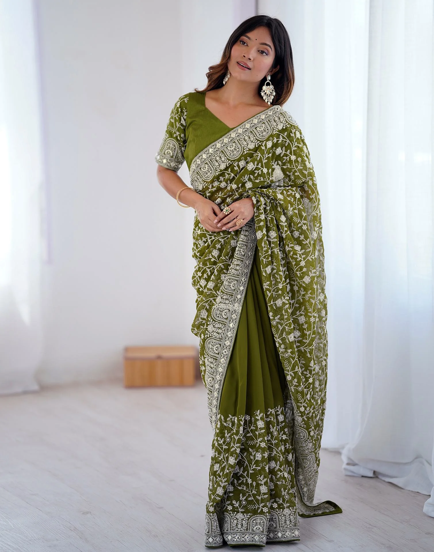Olive Green Georgette Embroidery Saree - Image 9