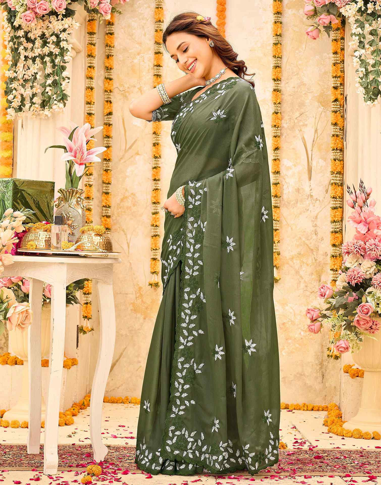 Olive Green Georgette Embroidery Saree - Image 4