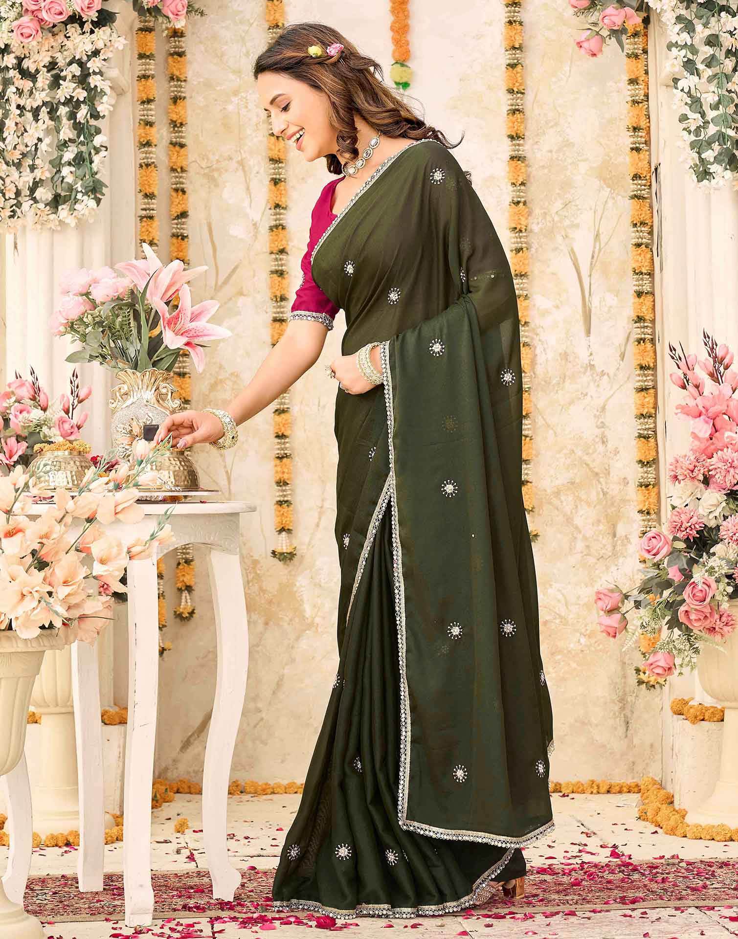 Olive Green Georgette Embroidery Saree - Image 4