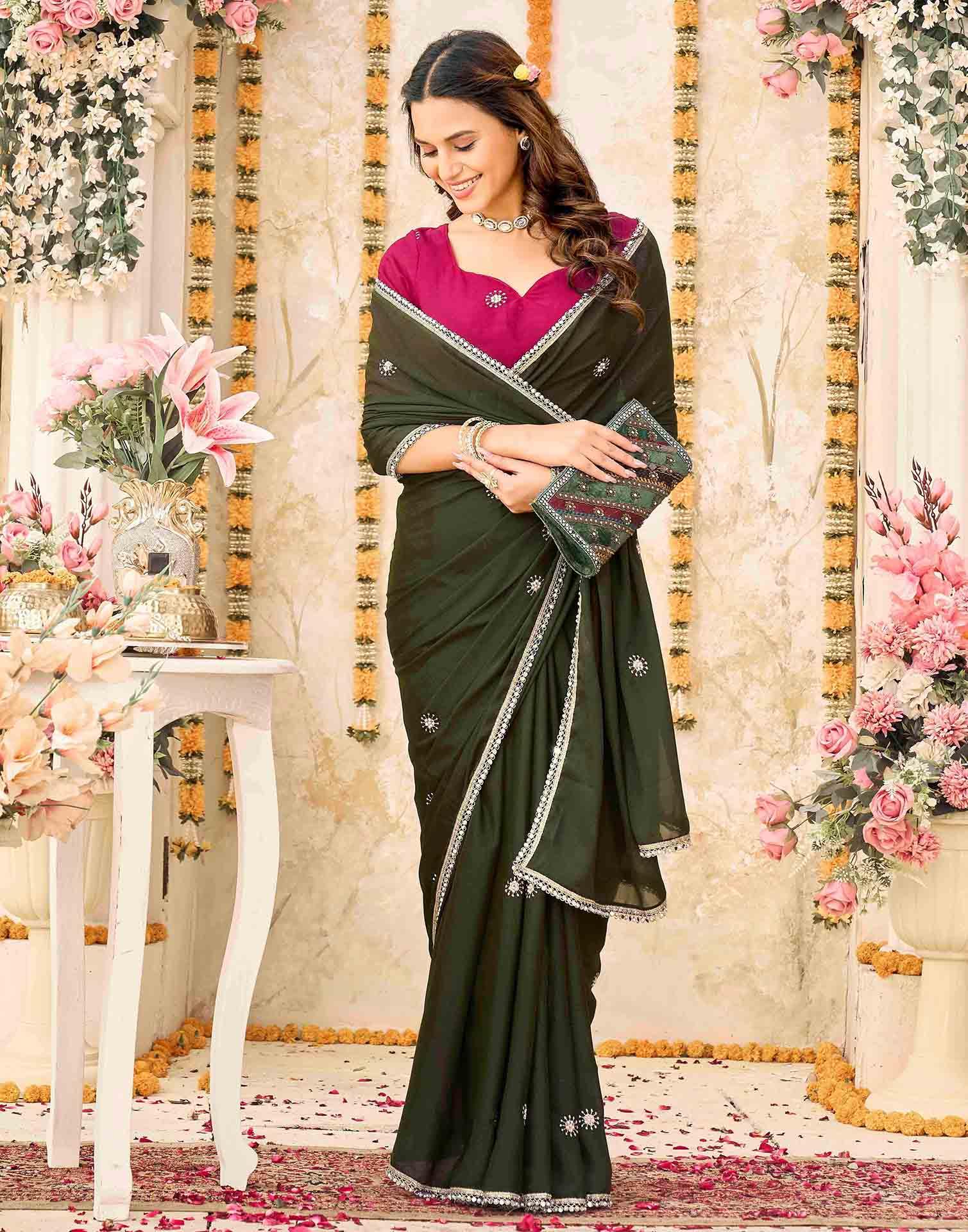 Olive Green Georgette Embroidery Saree - Image 5