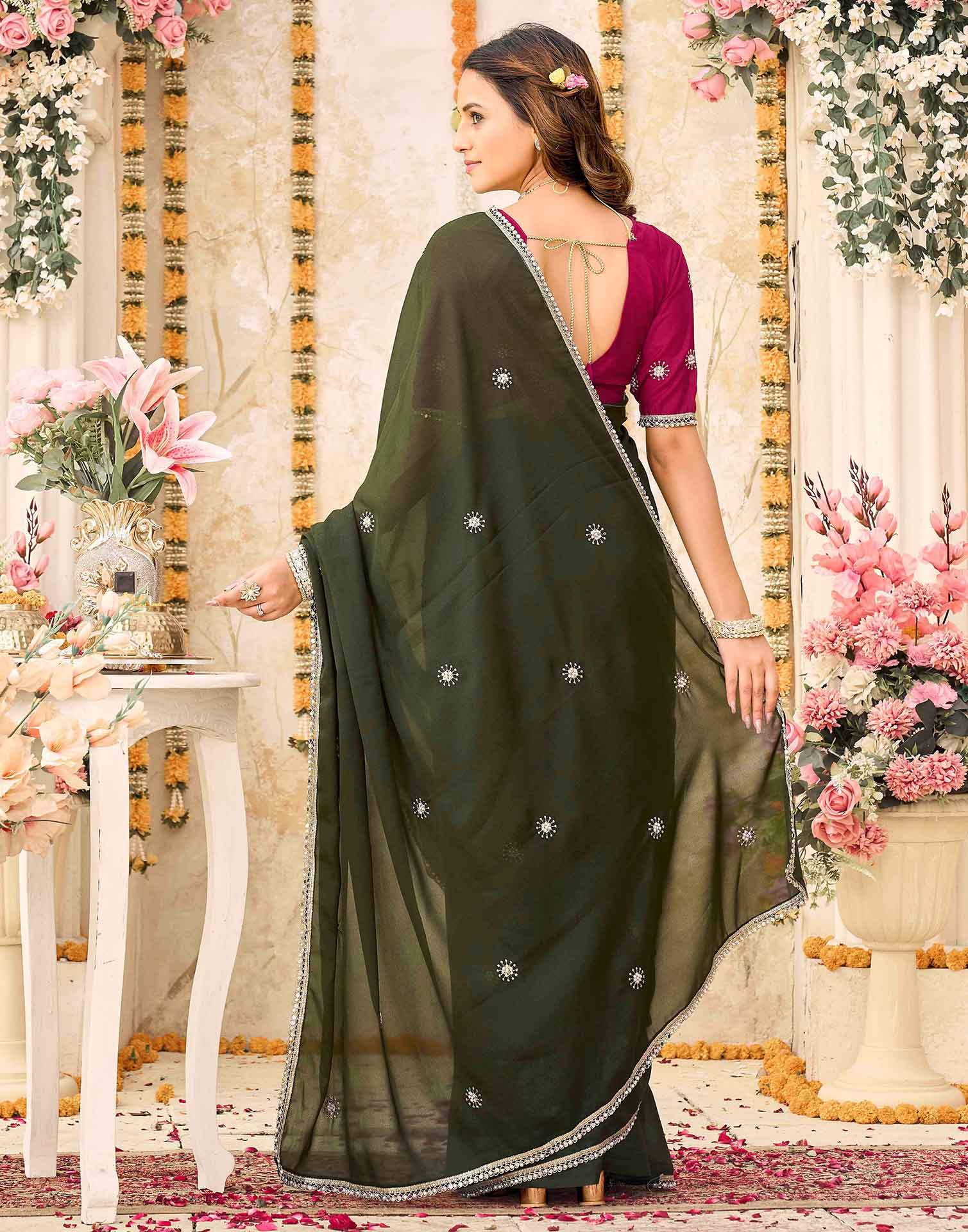 Olive Green Georgette Embroidery Saree - Image 6