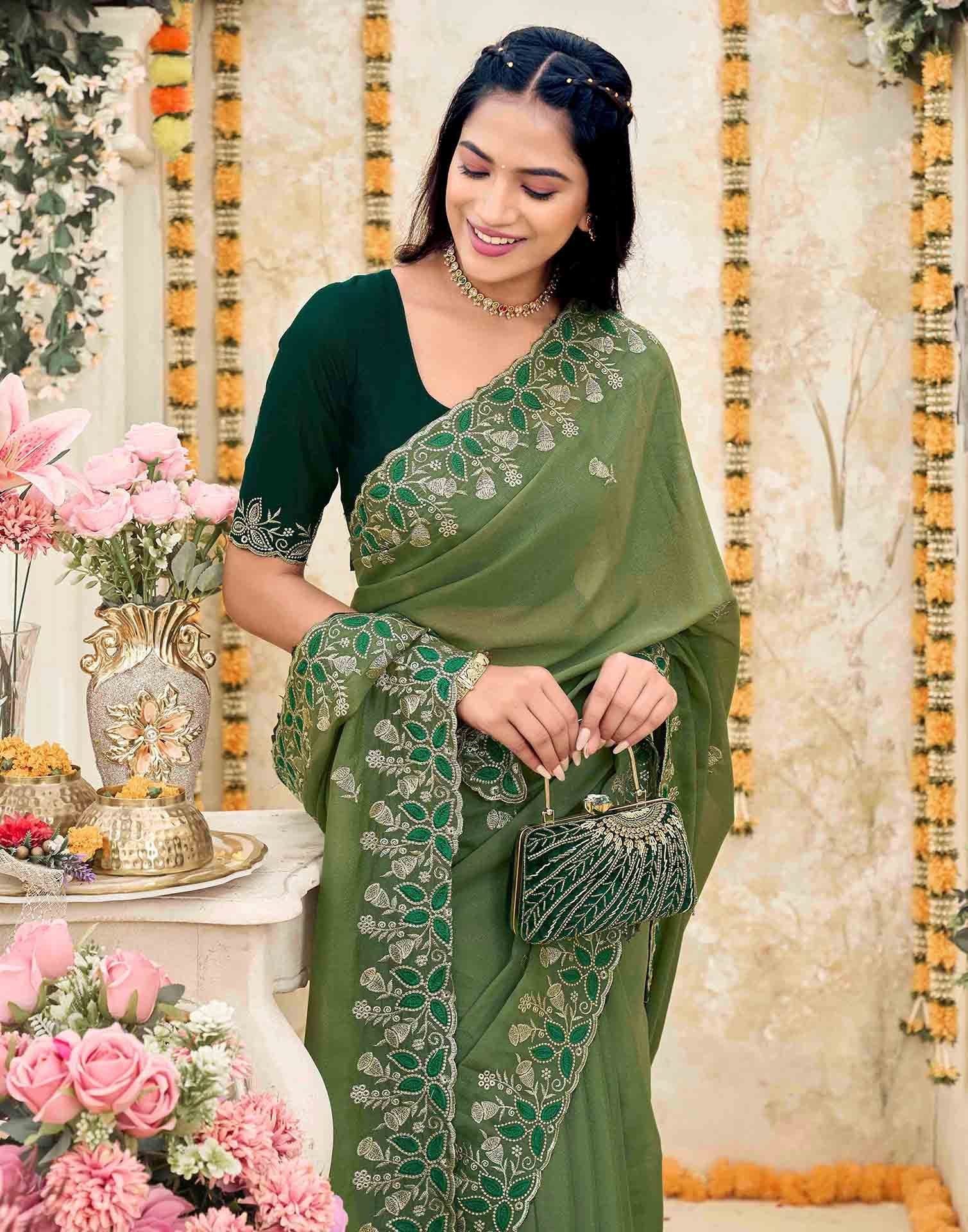 Olive Green Georgette Embroidery Saree - Image 2