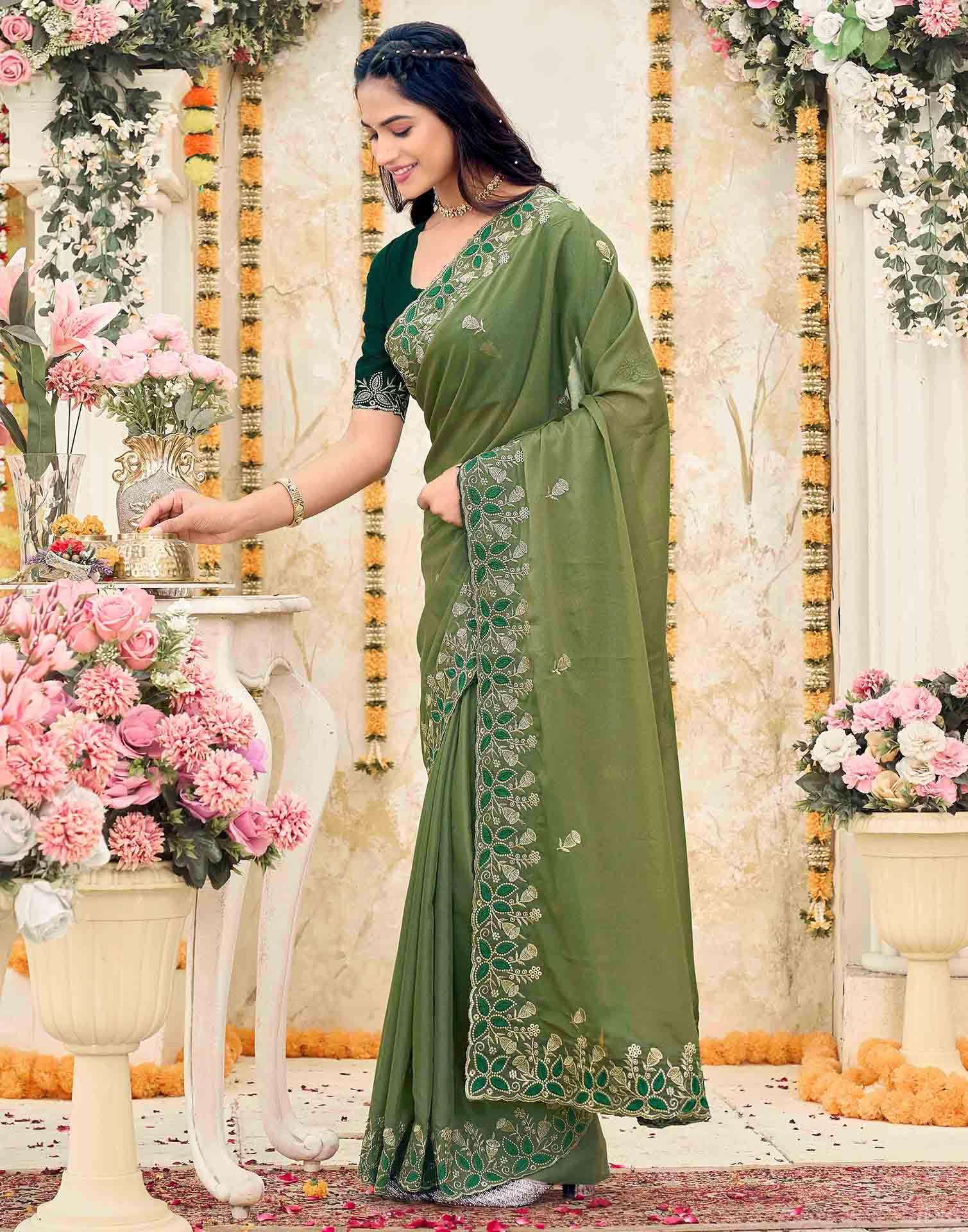 Olive Green Georgette Embroidery Saree - Image 5