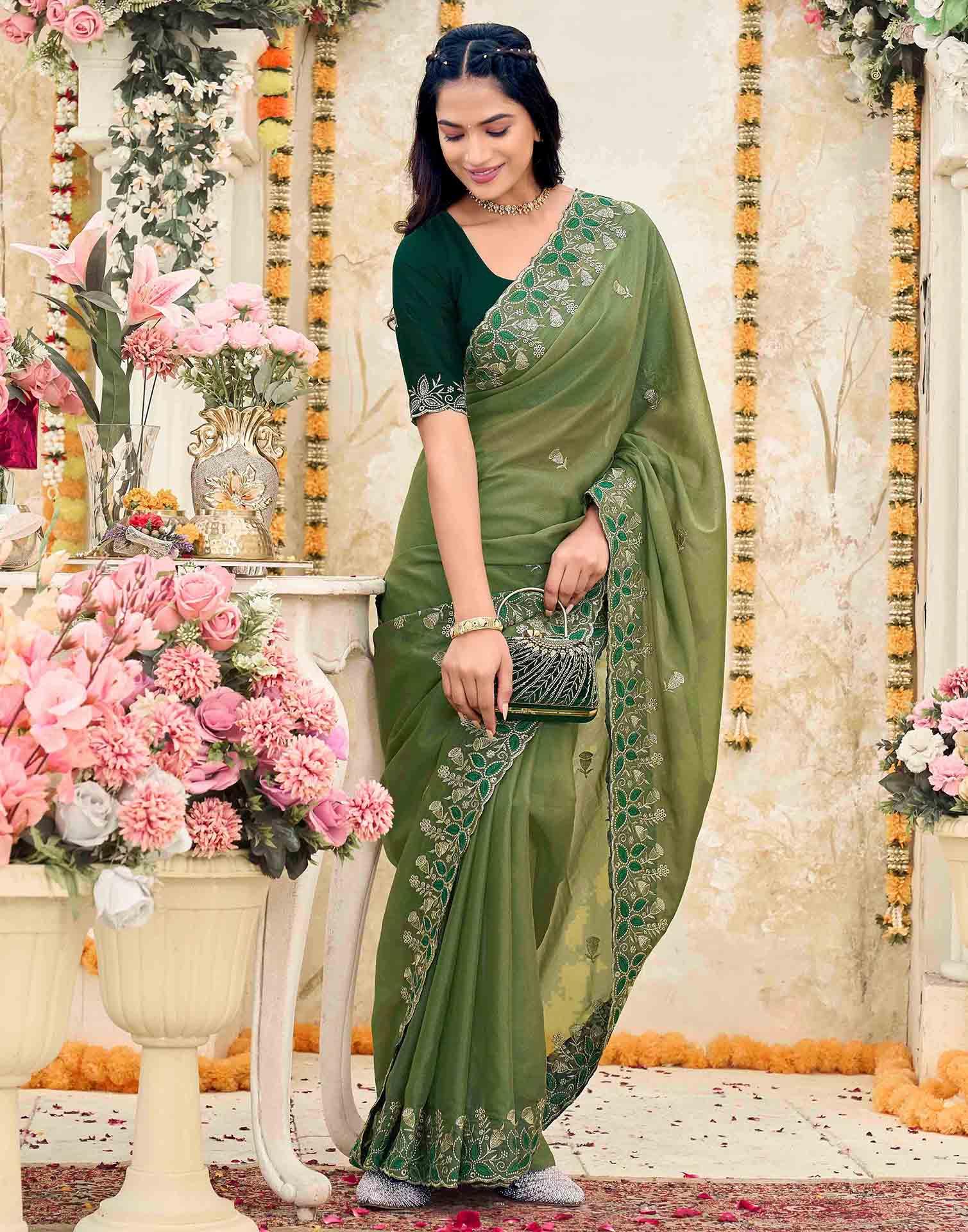 Olive Green Georgette Embroidery Saree - Image 6
