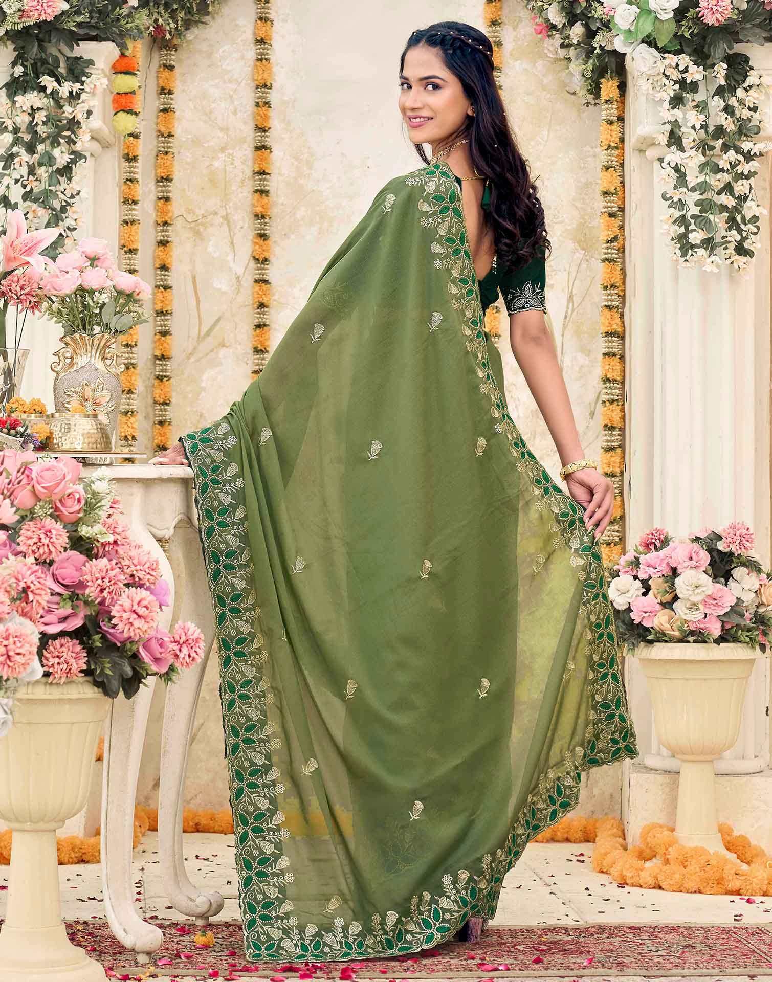 Olive Green Georgette Embroidery Saree - Image 7