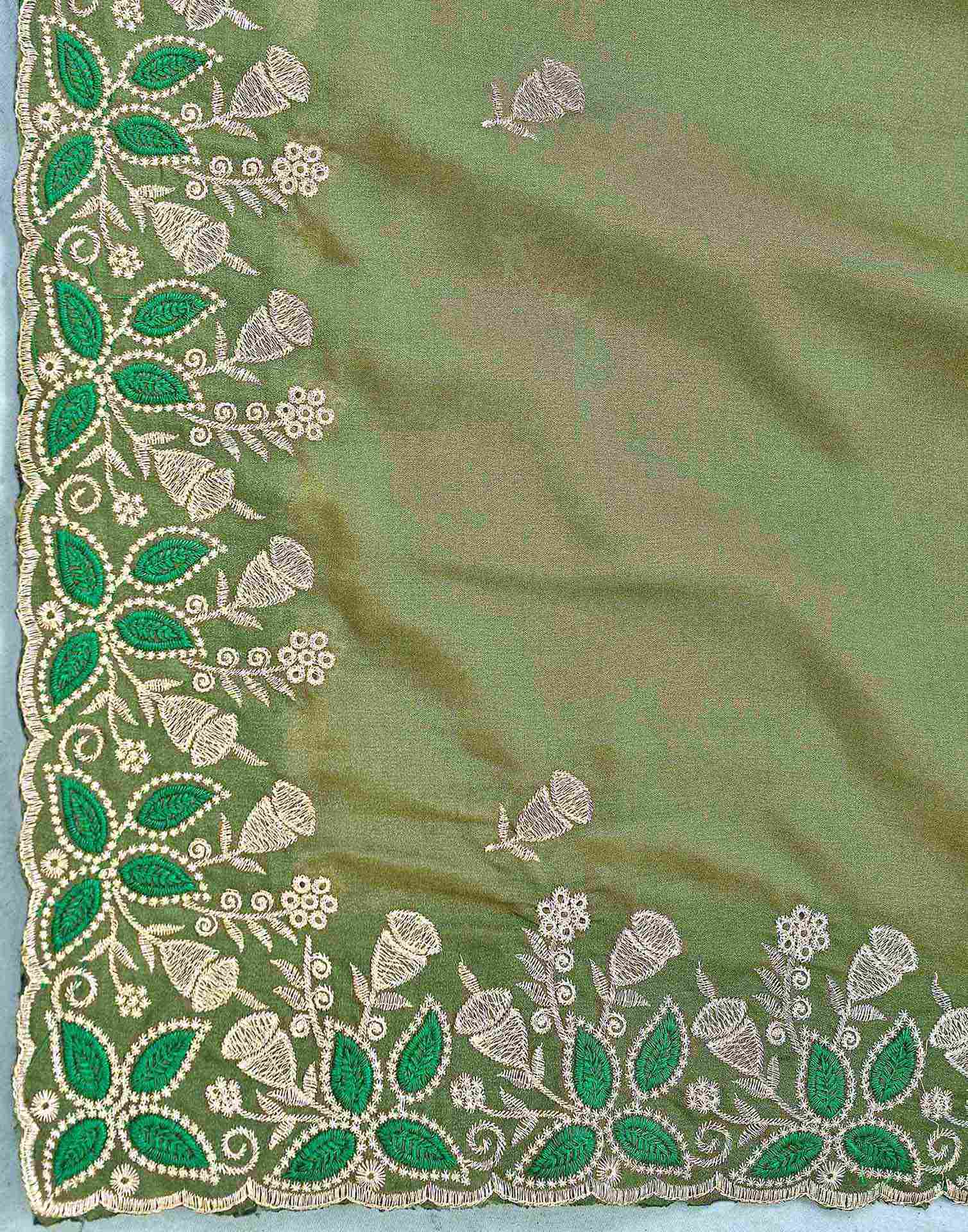 Olive Green Georgette Embroidery Saree - Image 9