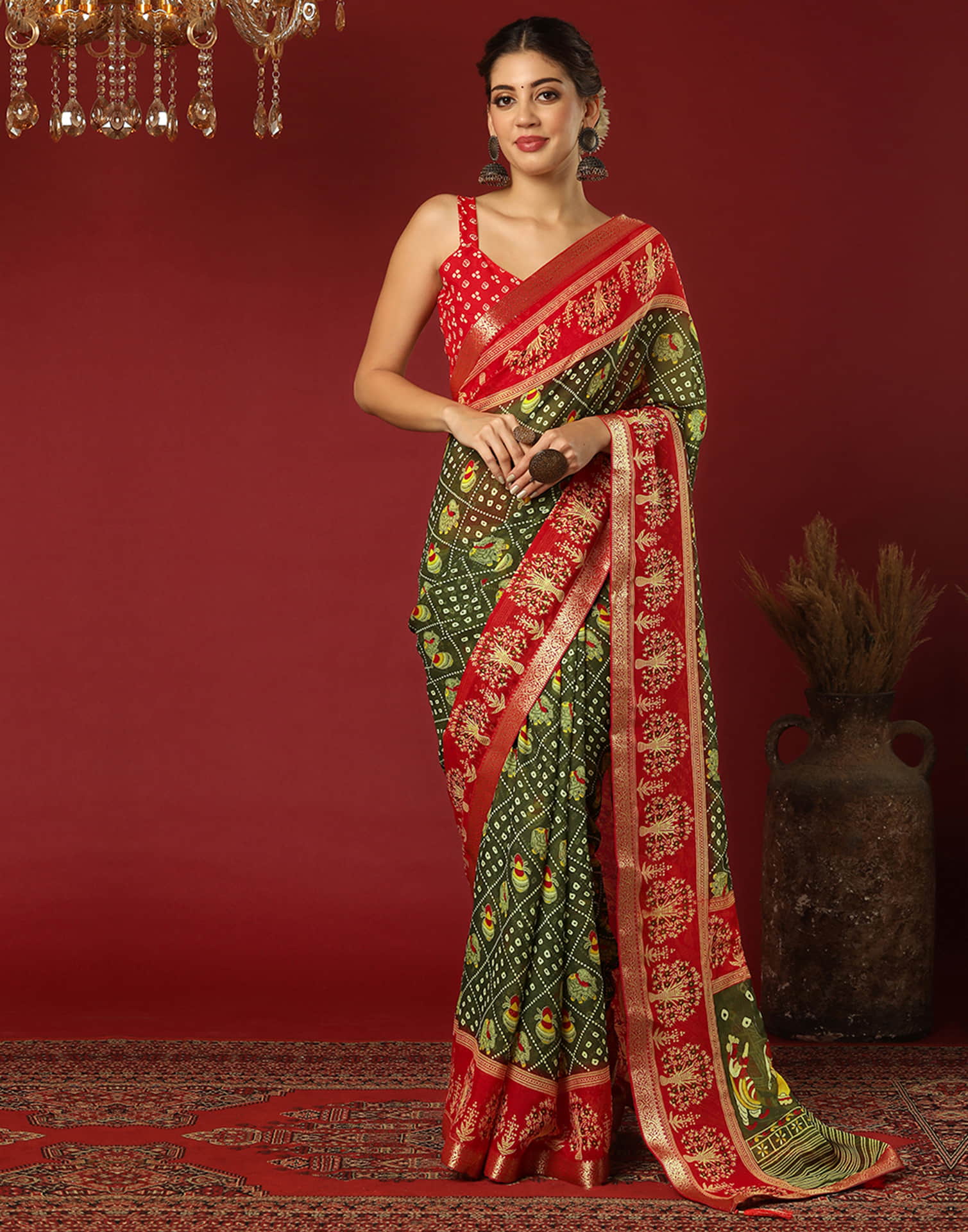 Olive Green Georgette Printed Bandhani Saree - Image 2