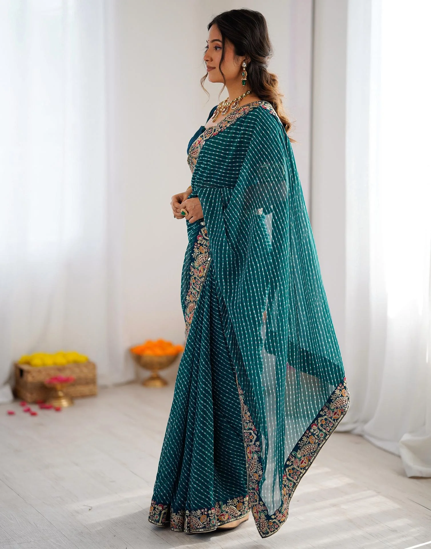 Teal Blue Georgette Printed Laheriya Saree - Image 4