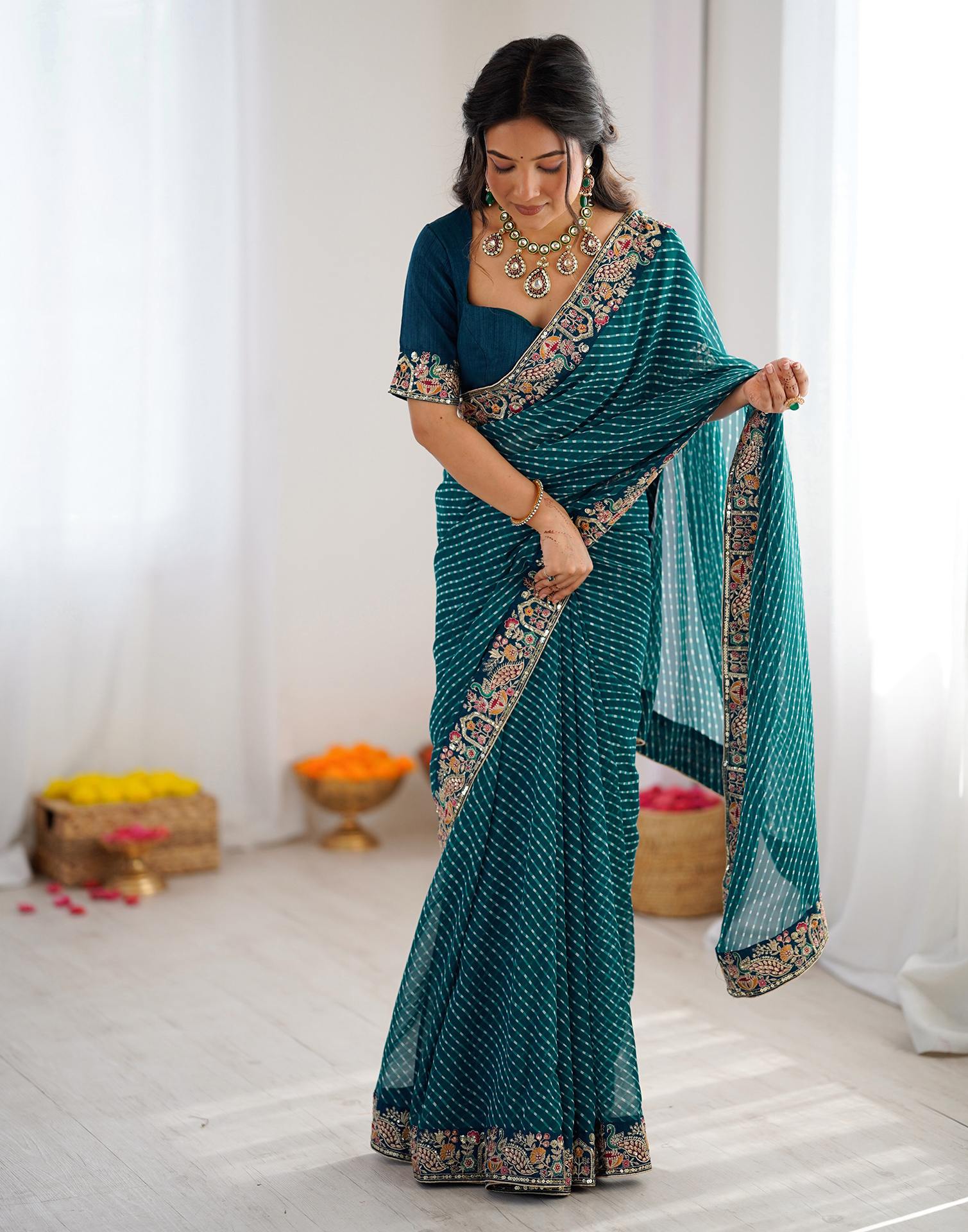 Teal Blue Georgette Printed Laheriya Saree - Image 5