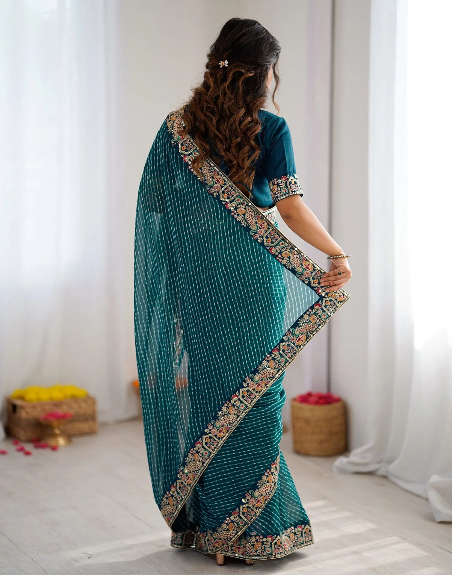 Teal Blue Georgette Printed Laheriya Saree - Image 6