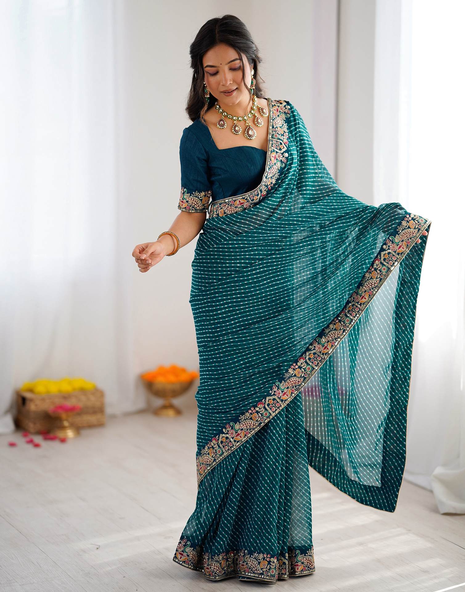 Teal Blue Georgette Printed Laheriya Saree - Image 7