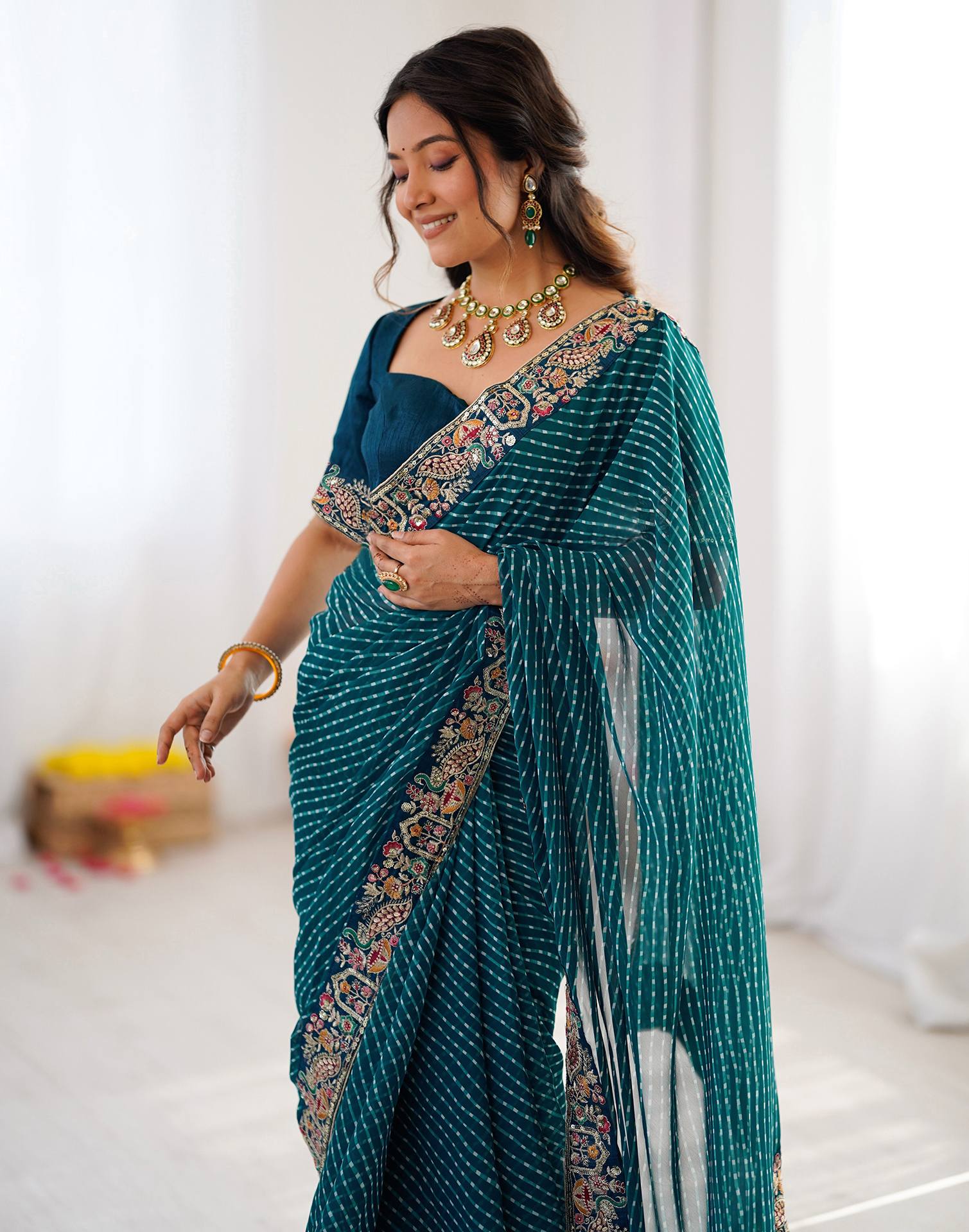 Teal Blue Georgette Printed Laheriya Saree - Image 8
