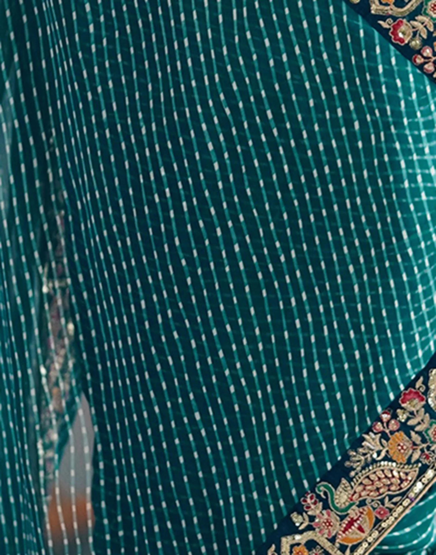 Teal Blue Georgette Printed Laheriya Saree - Image 9
