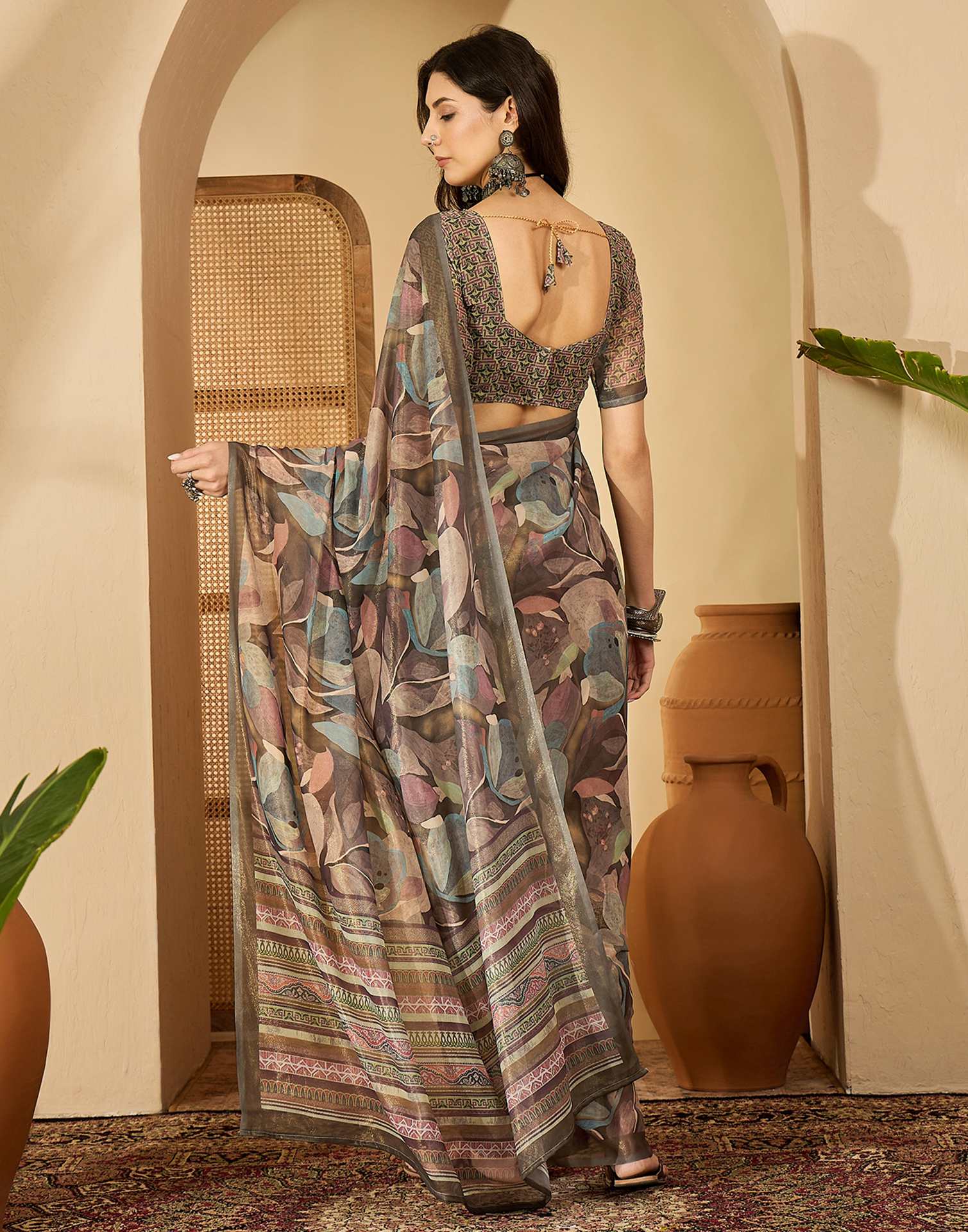 Olive Green Georgette Printed Saree - Image 6