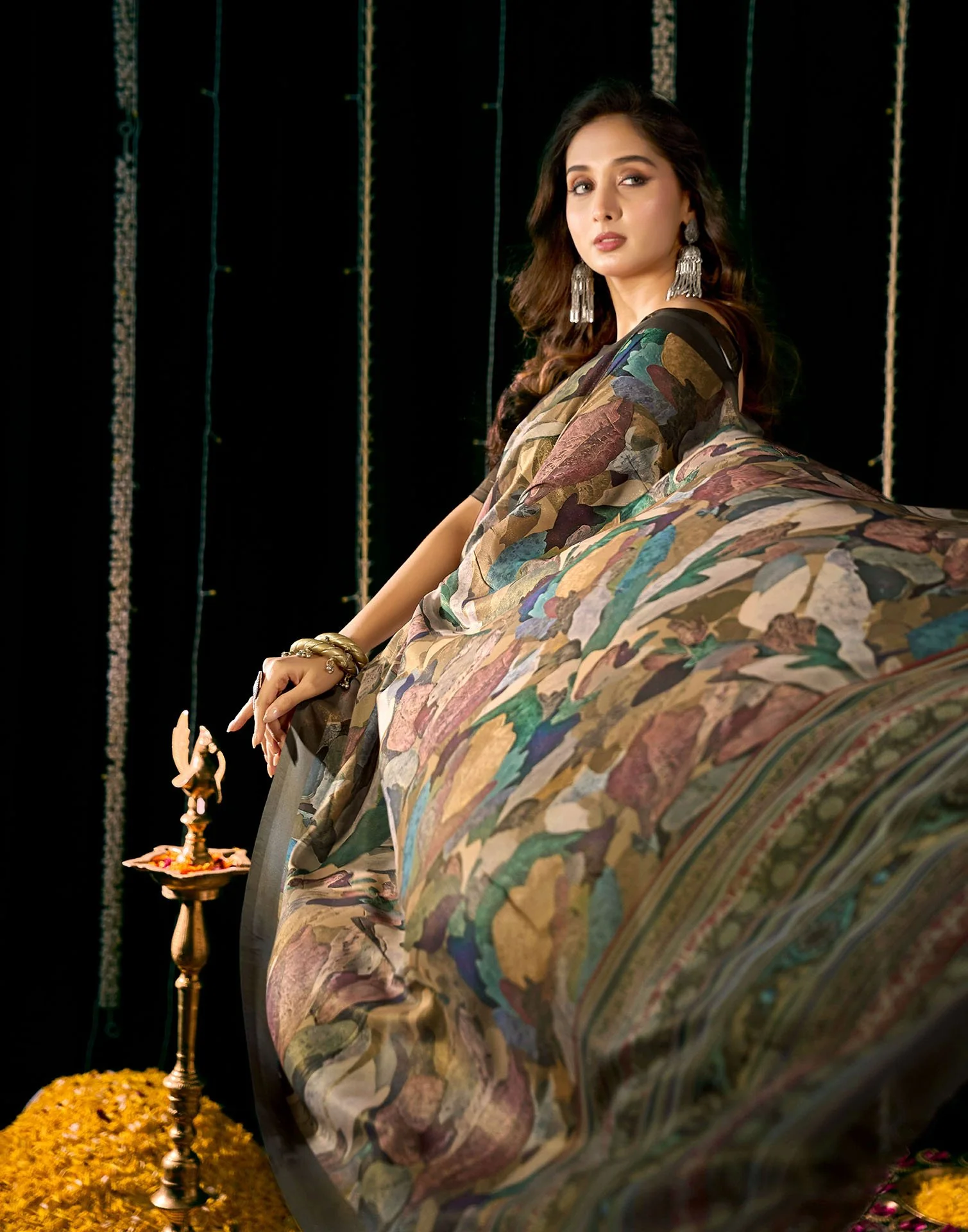 Olive Green Georgette Printed Saree - Image 2