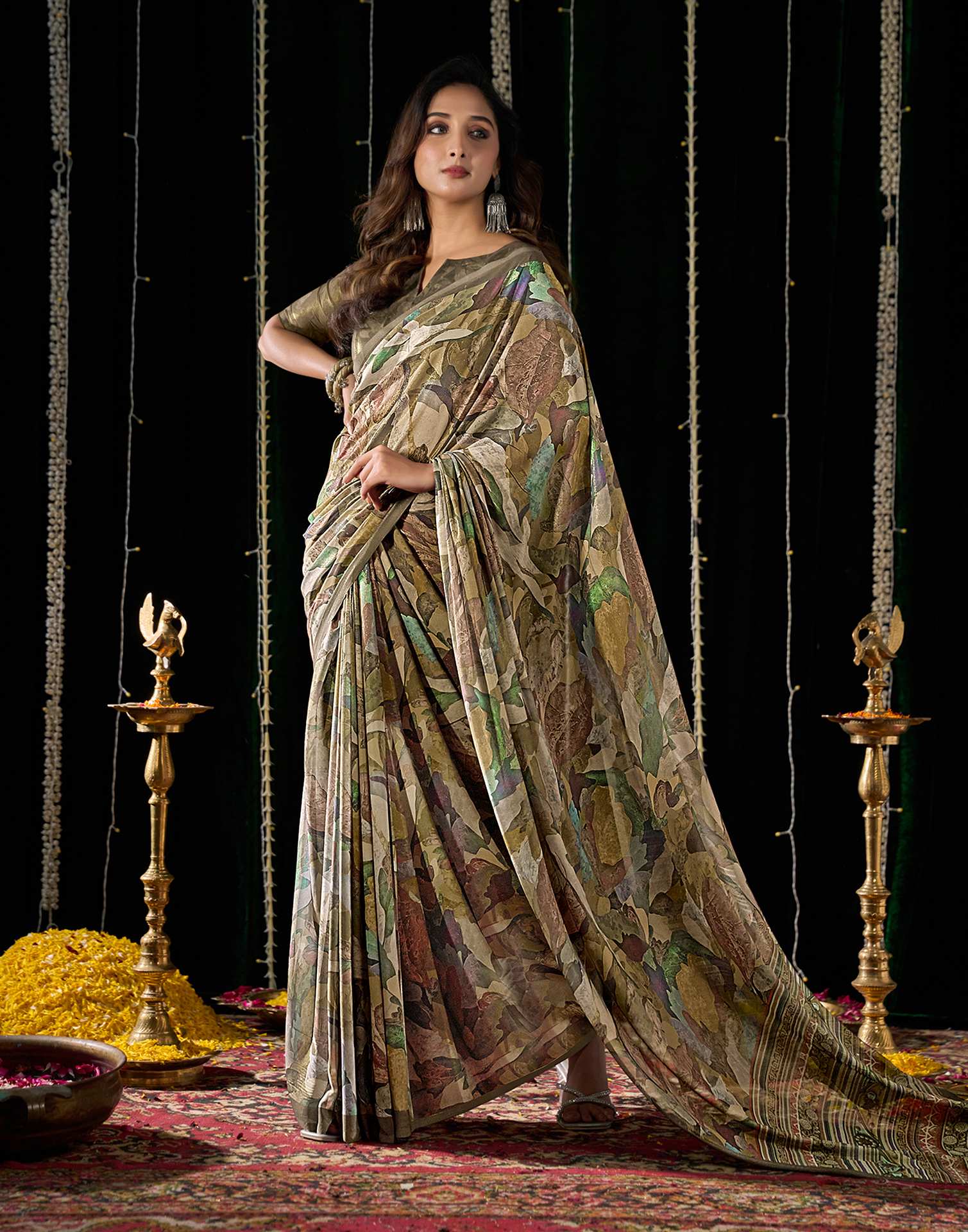 Olive Green Georgette Printed Saree - Image 4