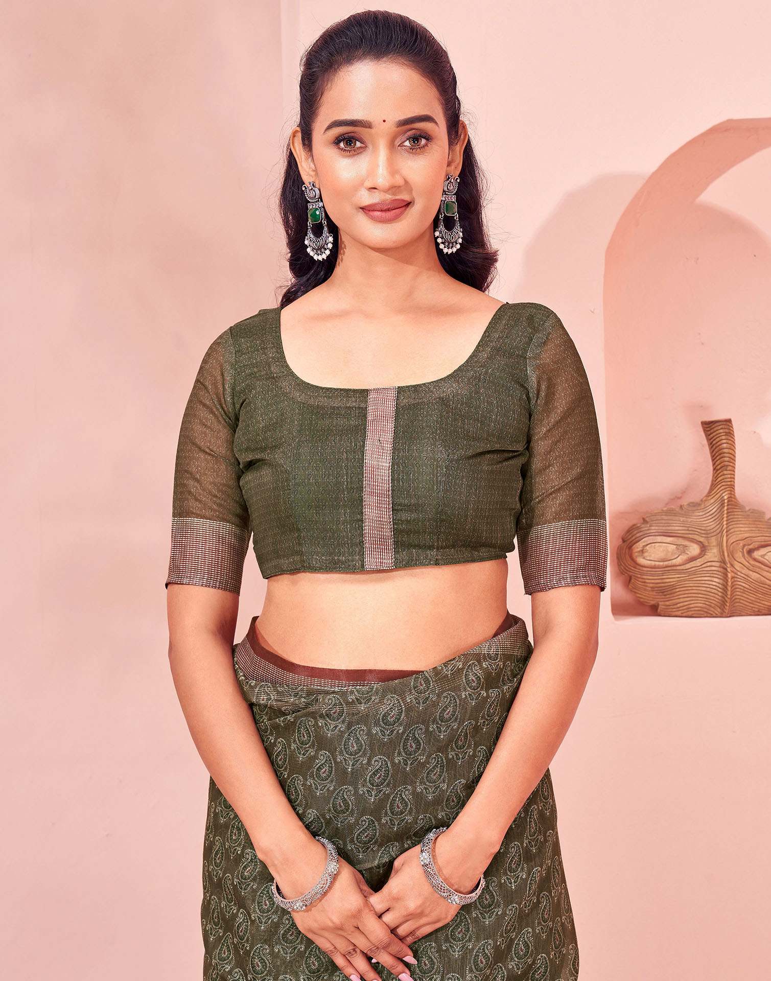Olive Green Linen Printed Saree - Image 13
