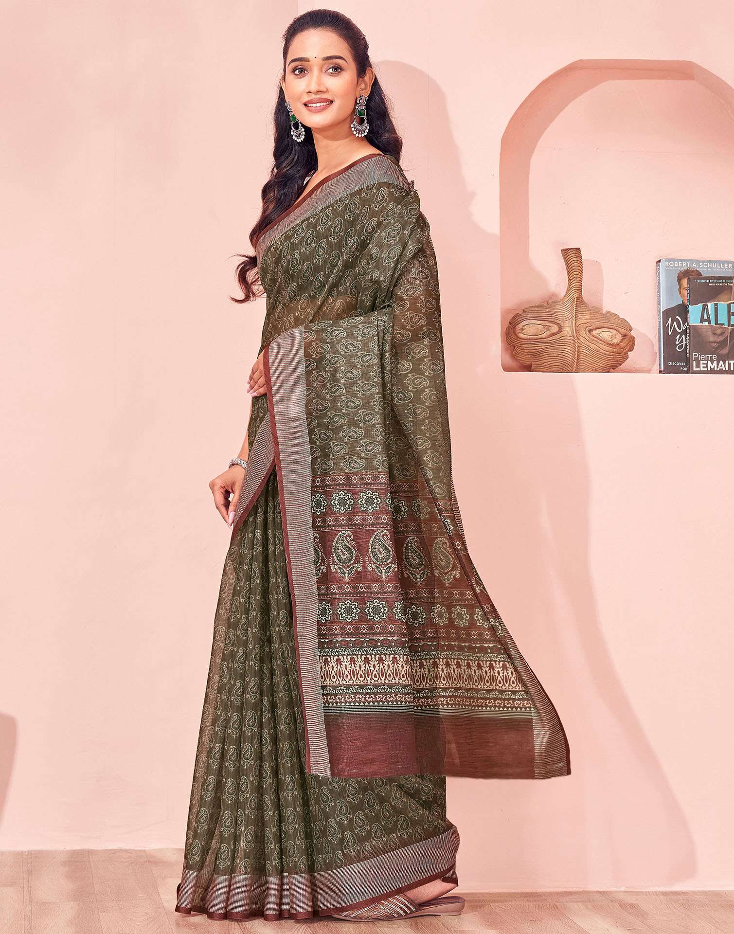 Olive Green Linen Printed Saree - Image 5