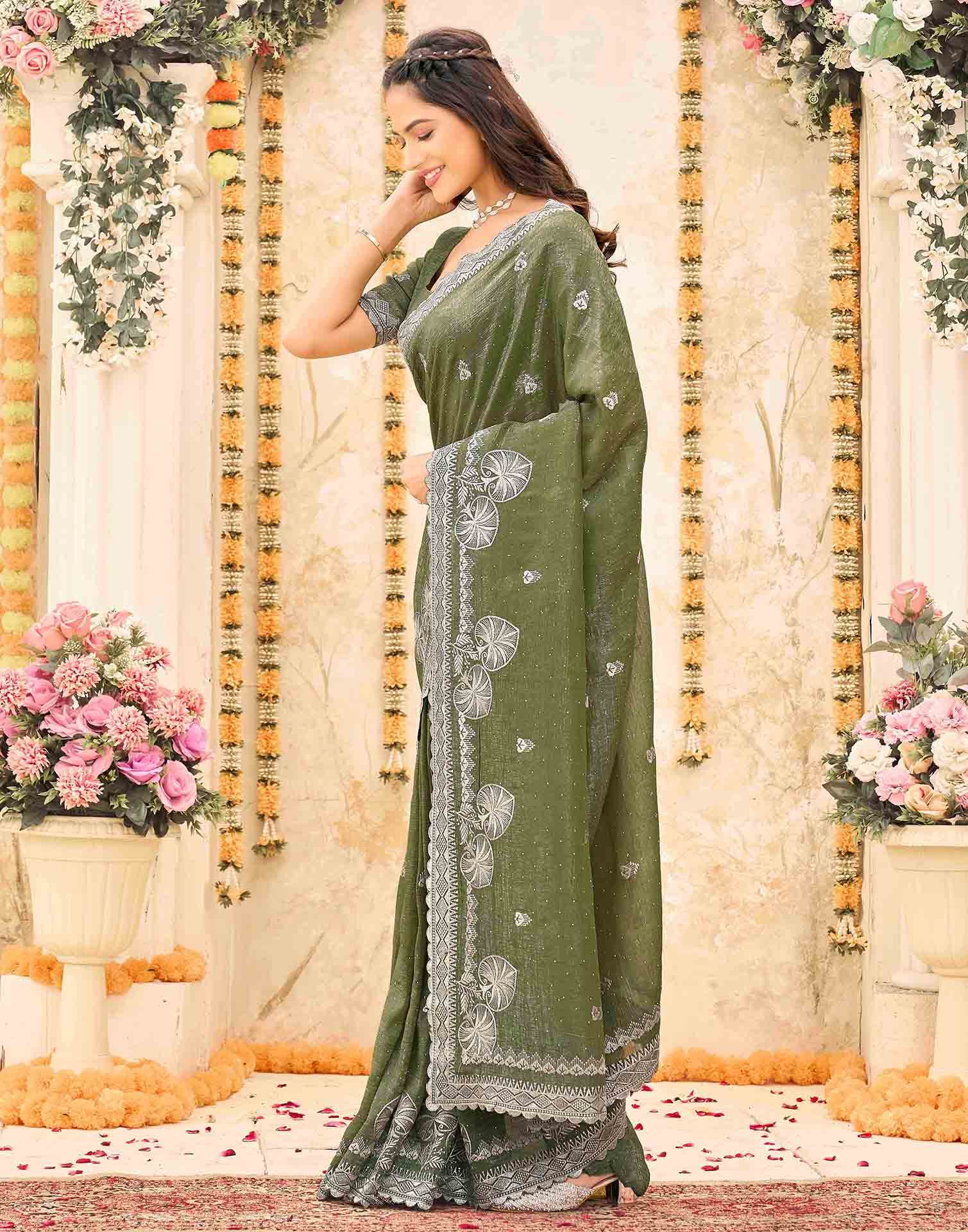 Olive Green Shimmer Embroidery Embellished Saree - Image 4