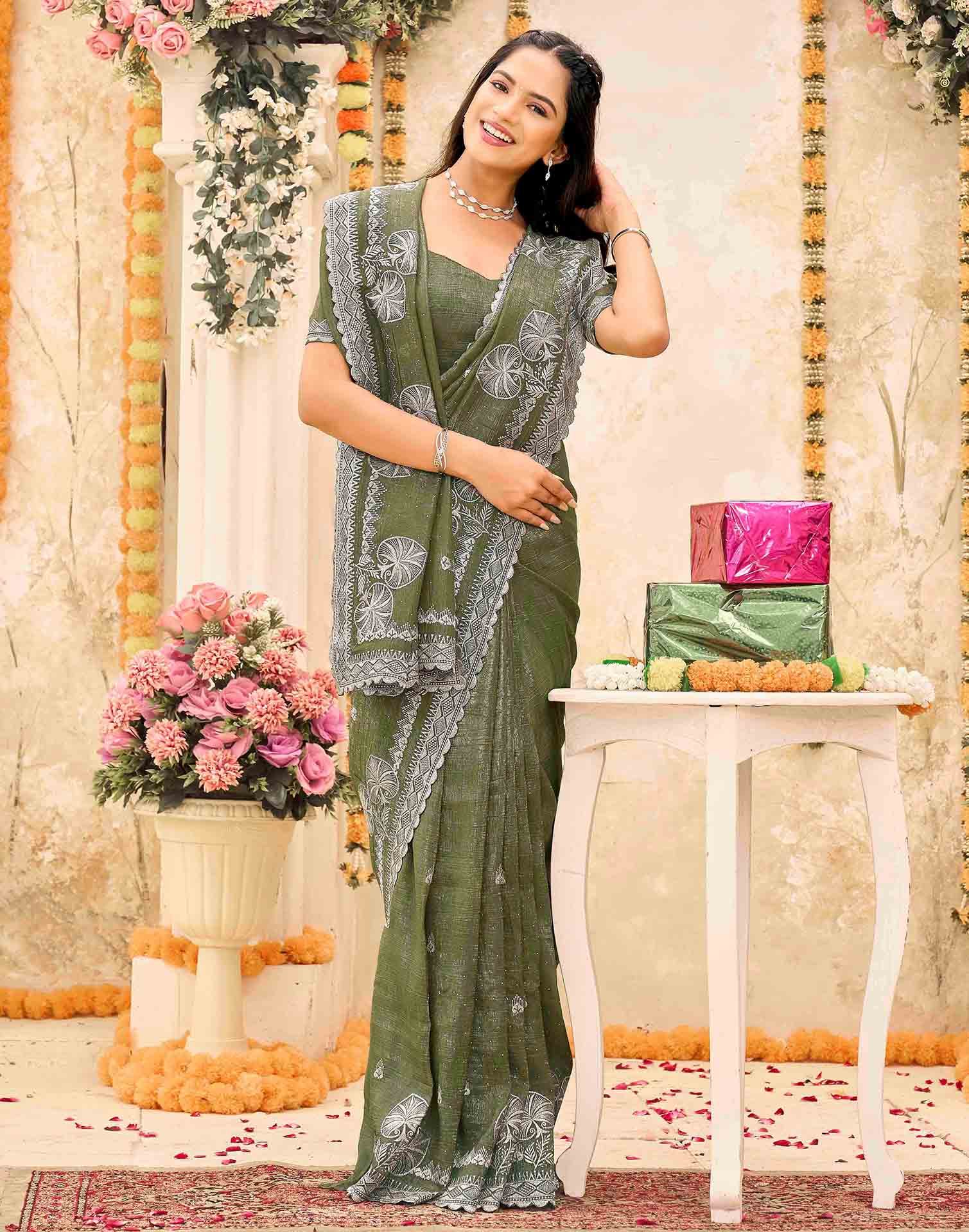Olive Green Shimmer Embroidery Embellished Saree - Image 5