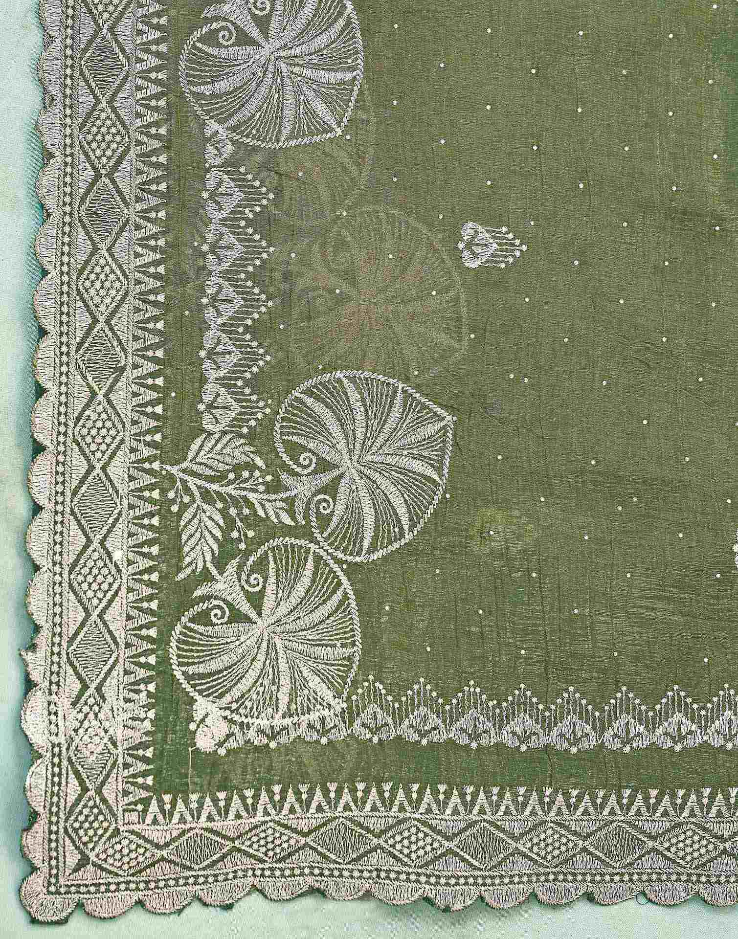 Olive Green Shimmer Embroidery Embellished Saree - Image 8
