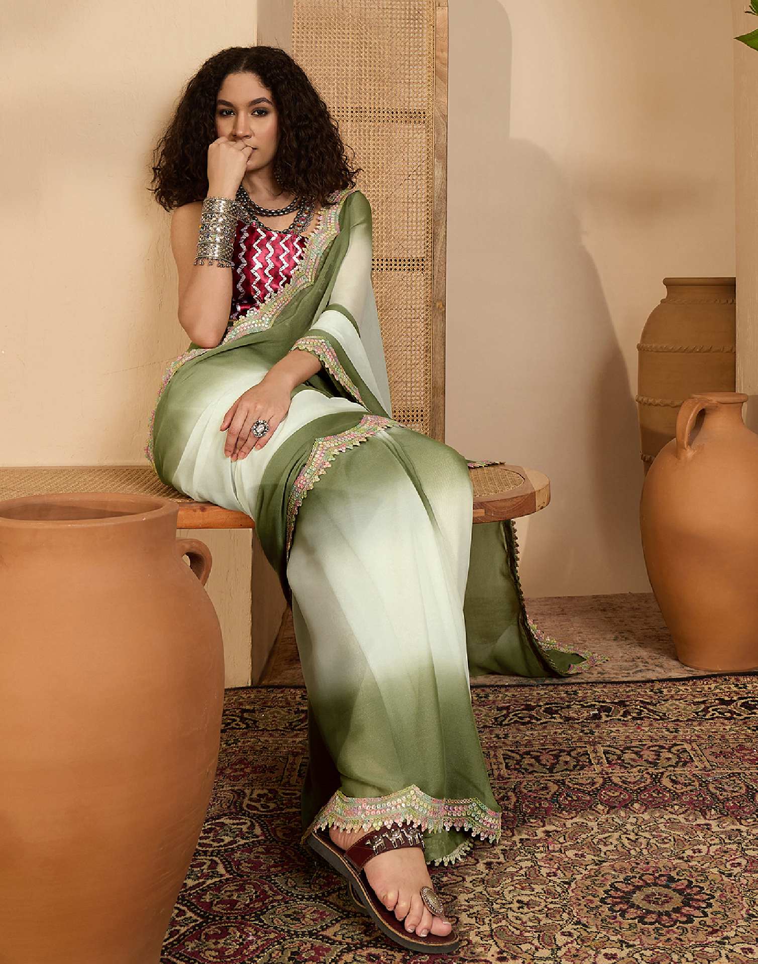 Olive Green Shimmer Georgette Sequence Lace saree - Image 7