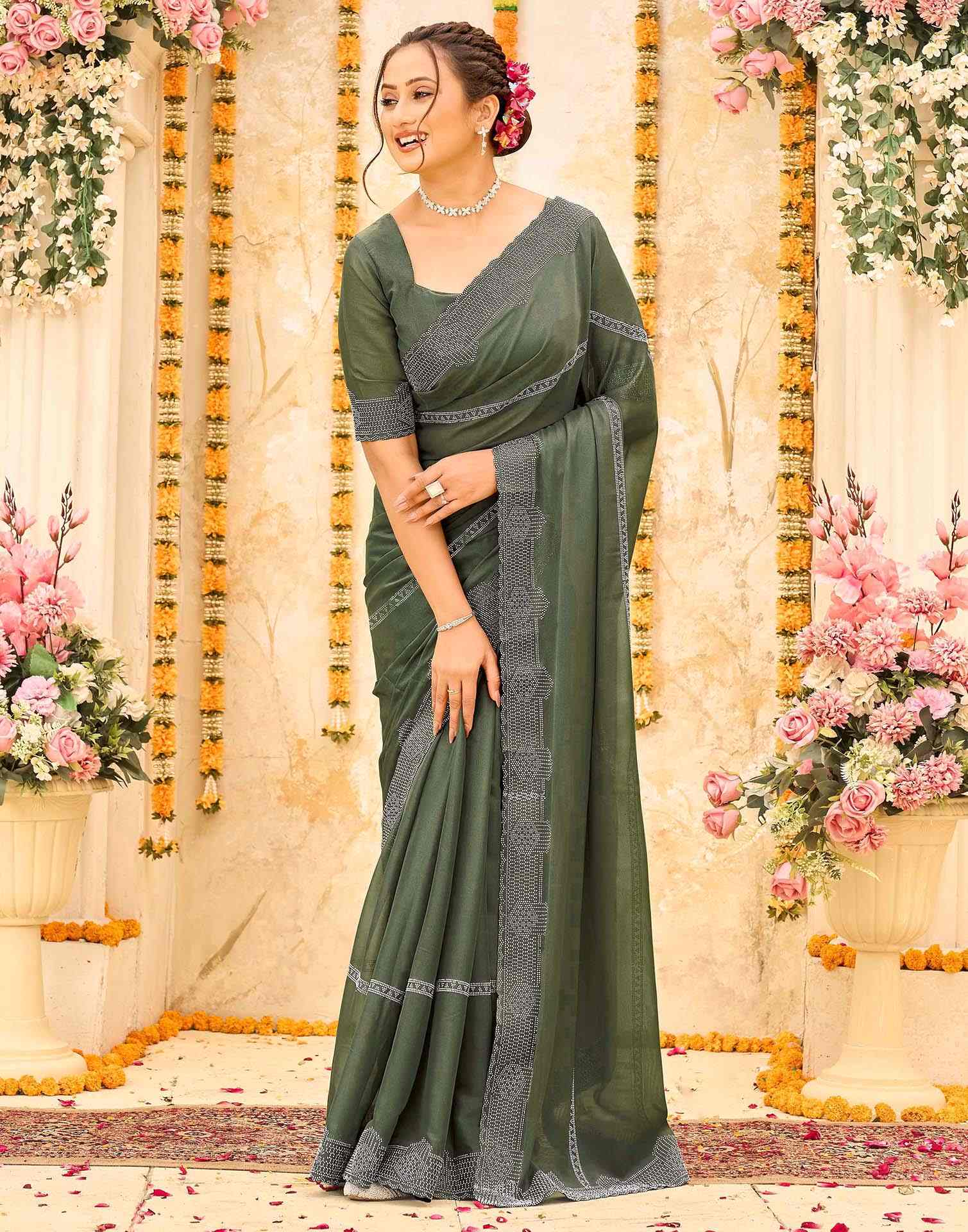 Olive Green Shimmer Stone Work Swarovski Saree - Image 2