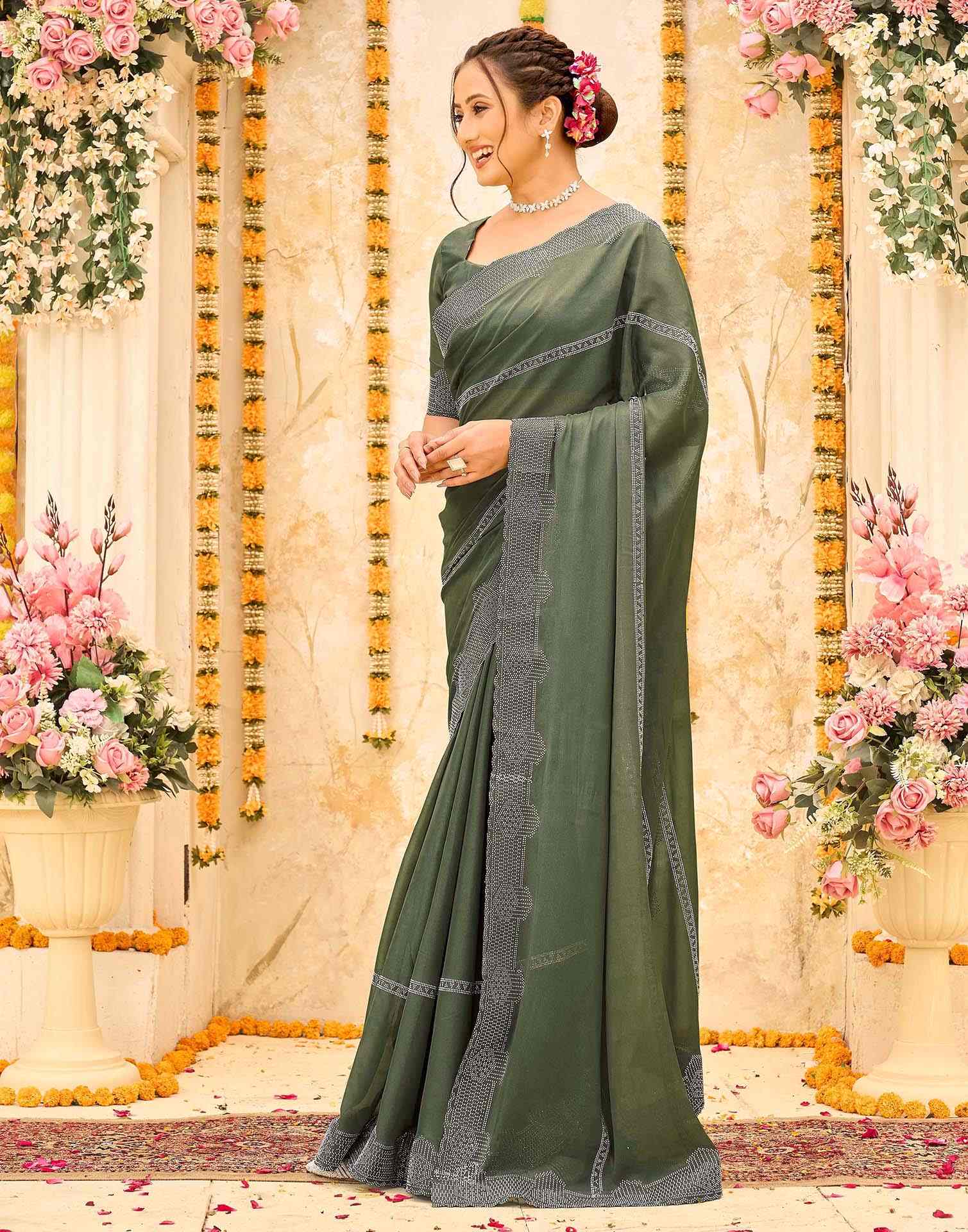 Olive Green Shimmer Stone Work Swarovski Saree - Image 4
