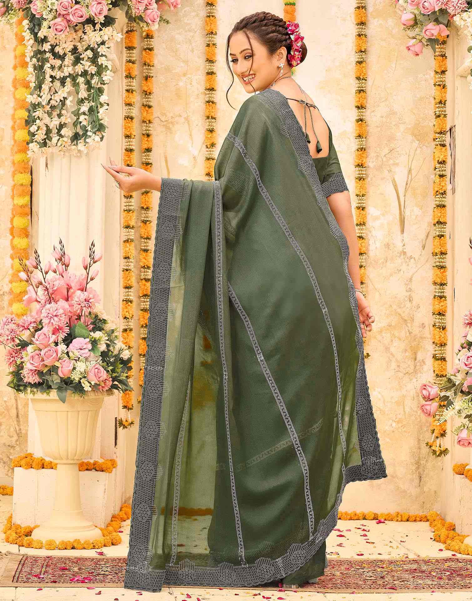 Olive Green Shimmer Stone Work Swarovski Saree - Image 6