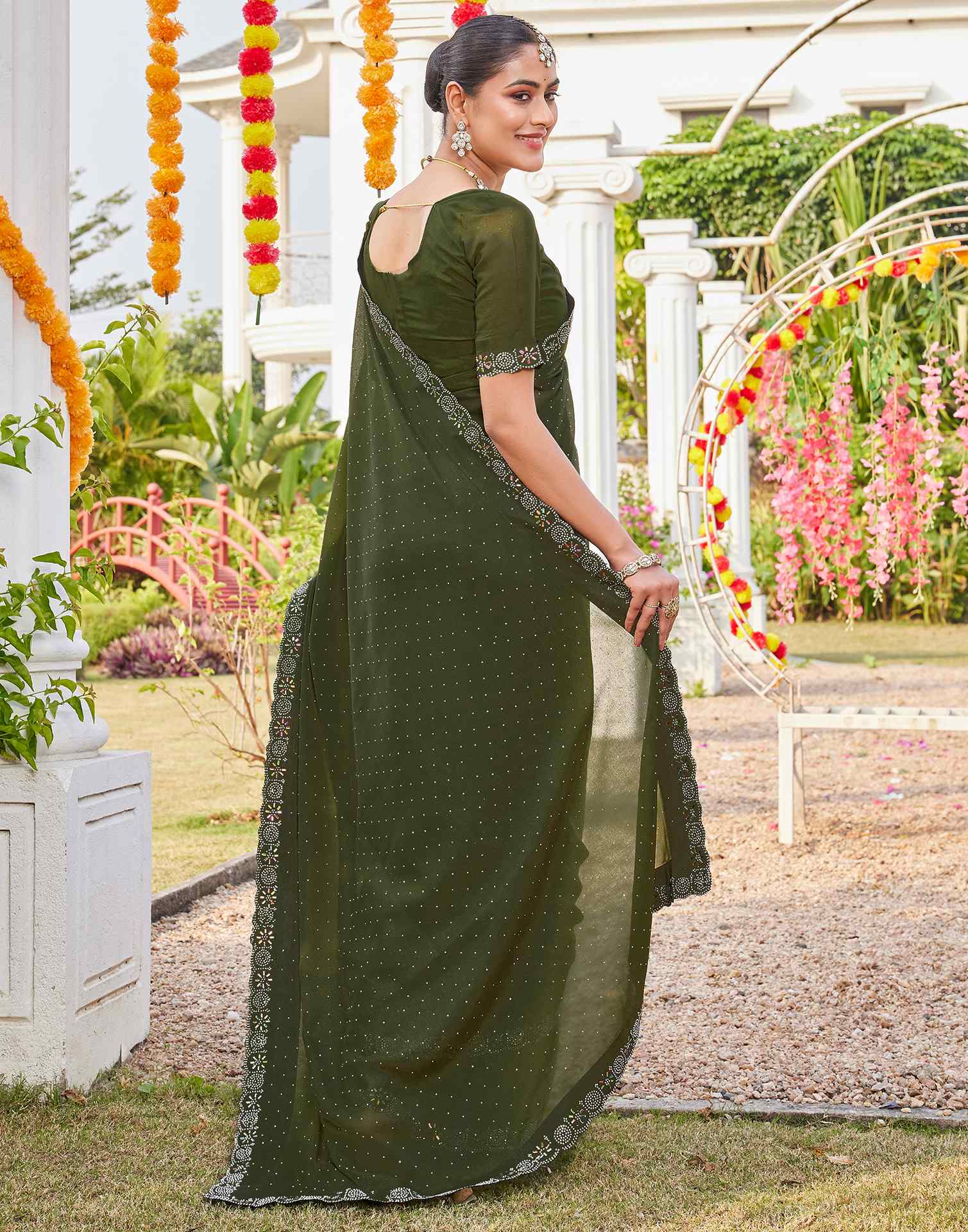 Olive Green Shimmer Stone Work Swarovski Saree - Image 6