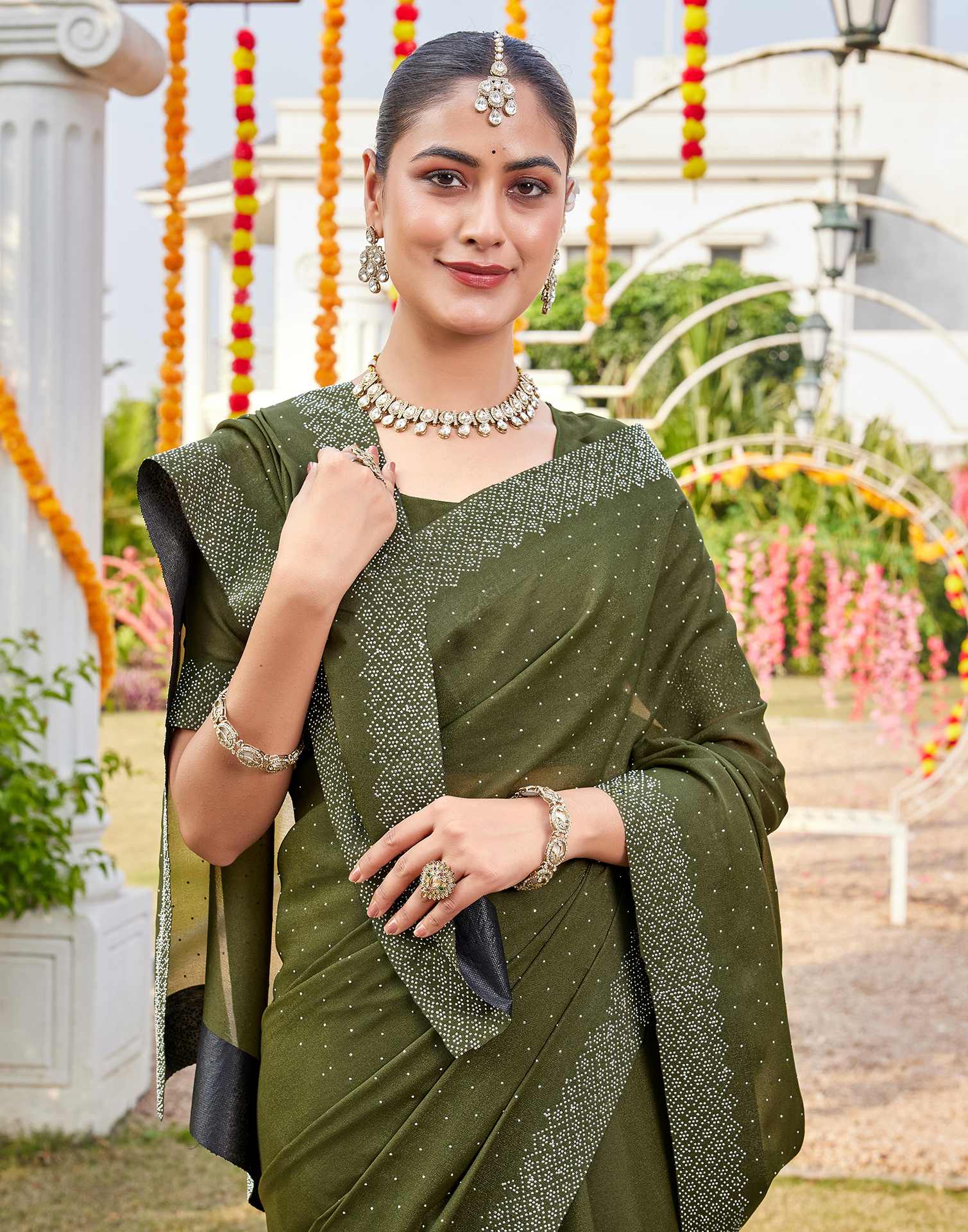 Olive Green Shimmer Stone Work Swarovski Saree - Image 2