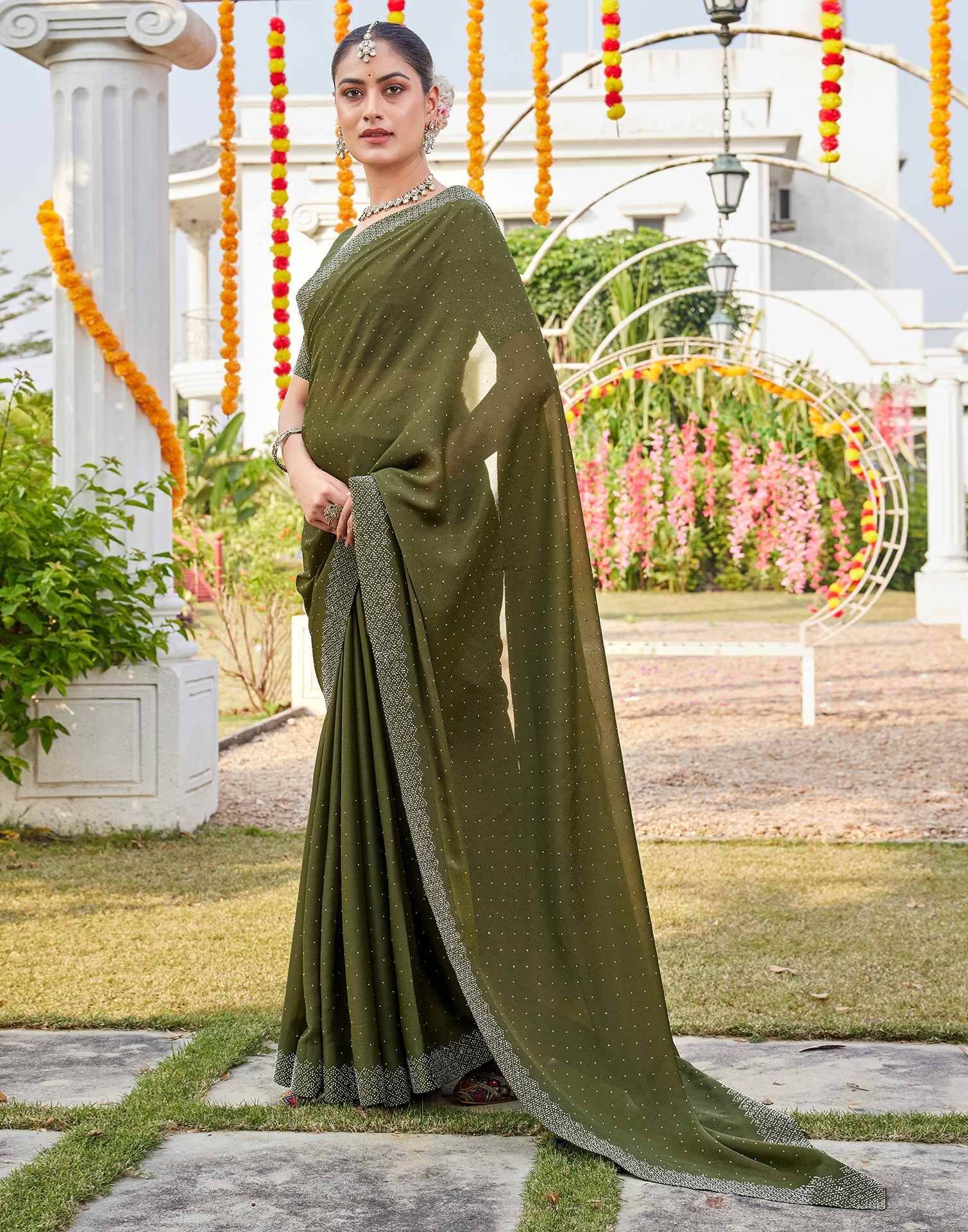 Olive Green Shimmer Stone Work Swarovski Saree - Image 4