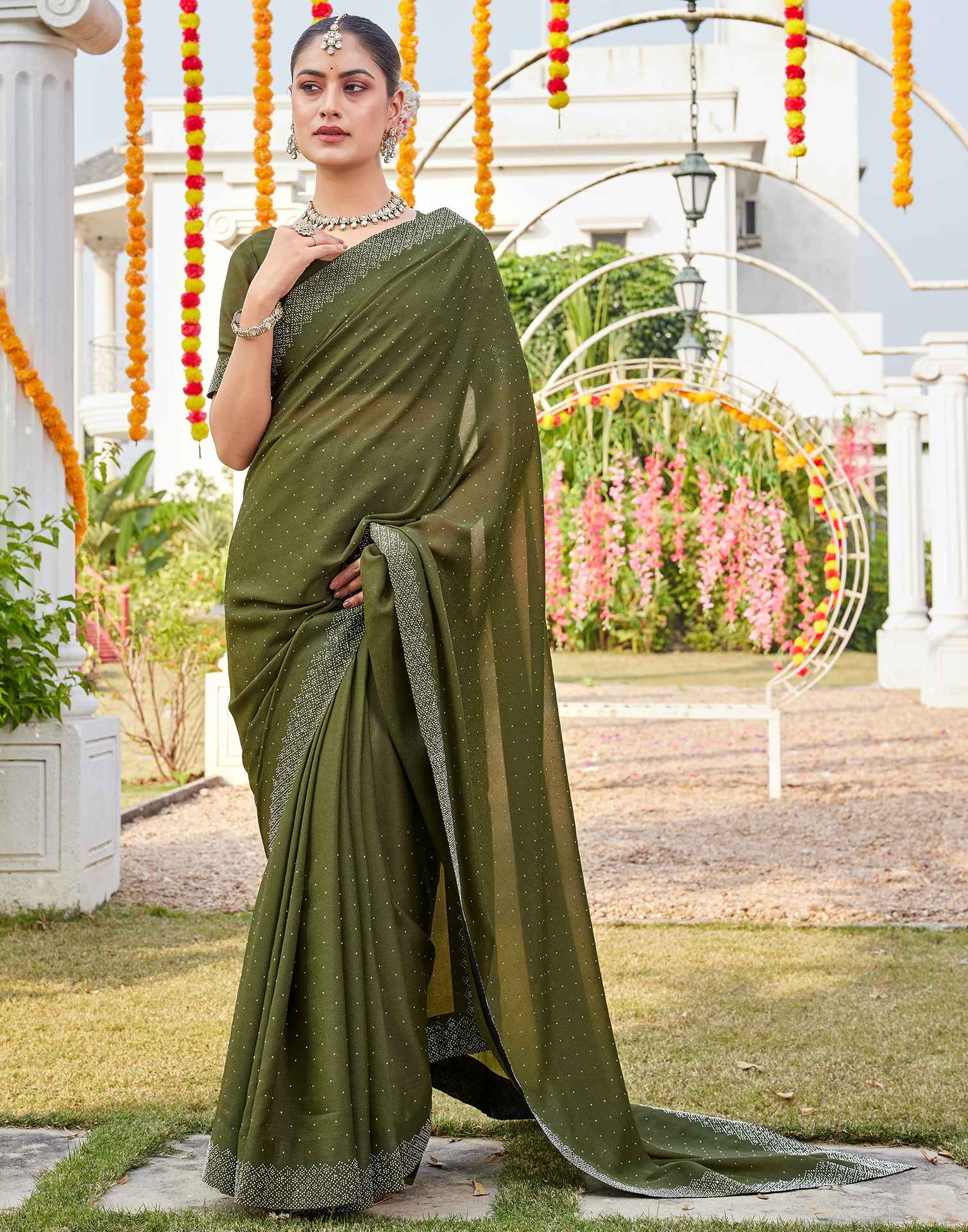 Olive Green Shimmer Stone Work Swarovski Saree - Image 5