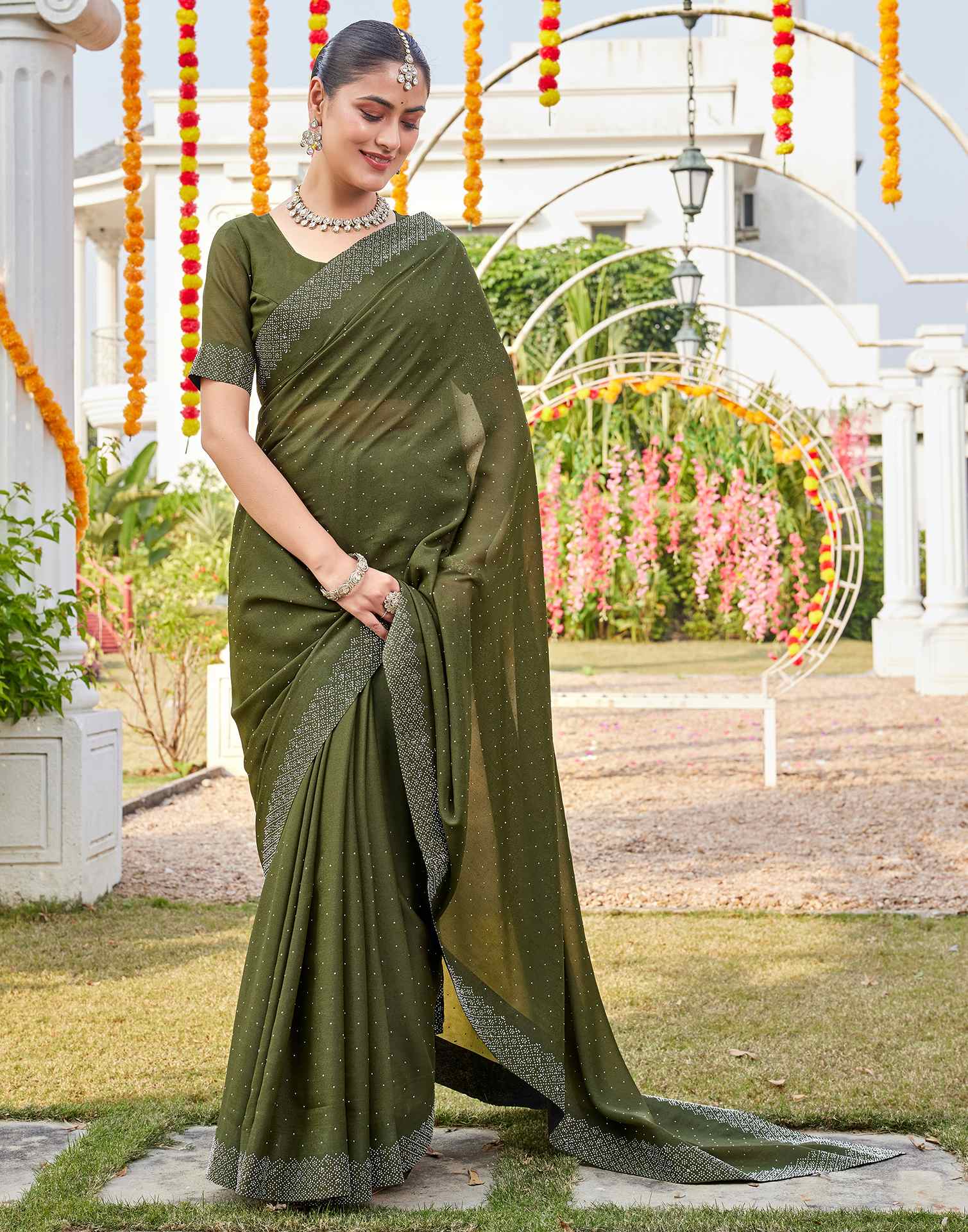 Olive Green Shimmer Stone Work Swarovski Saree - Image 7