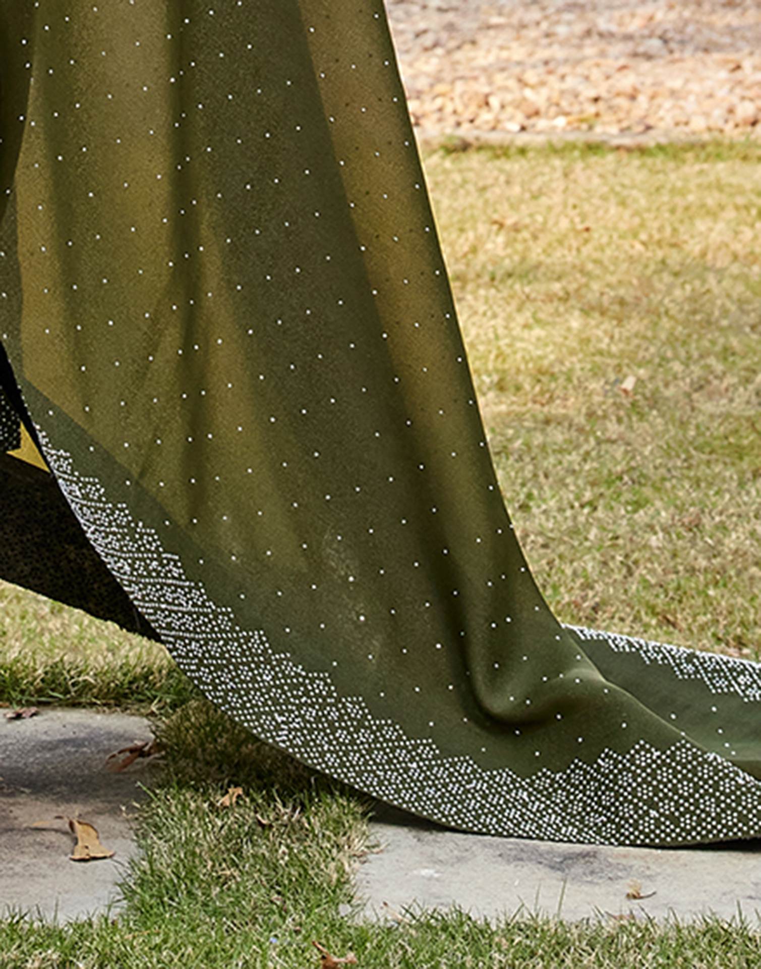 Olive Green Shimmer Stone Work Swarovski Saree - Image 9