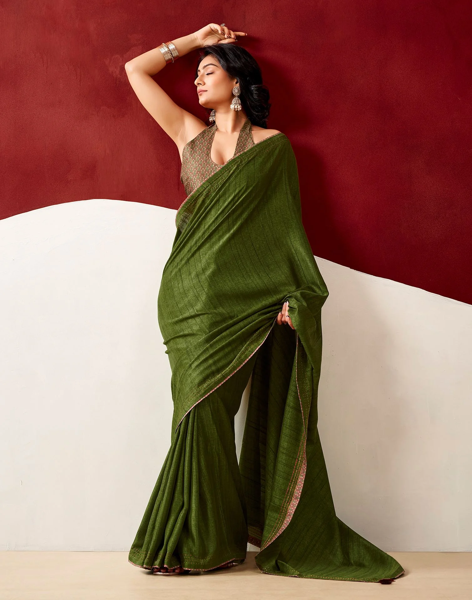 Olive Green Silk Embroidery Saree - Image 2