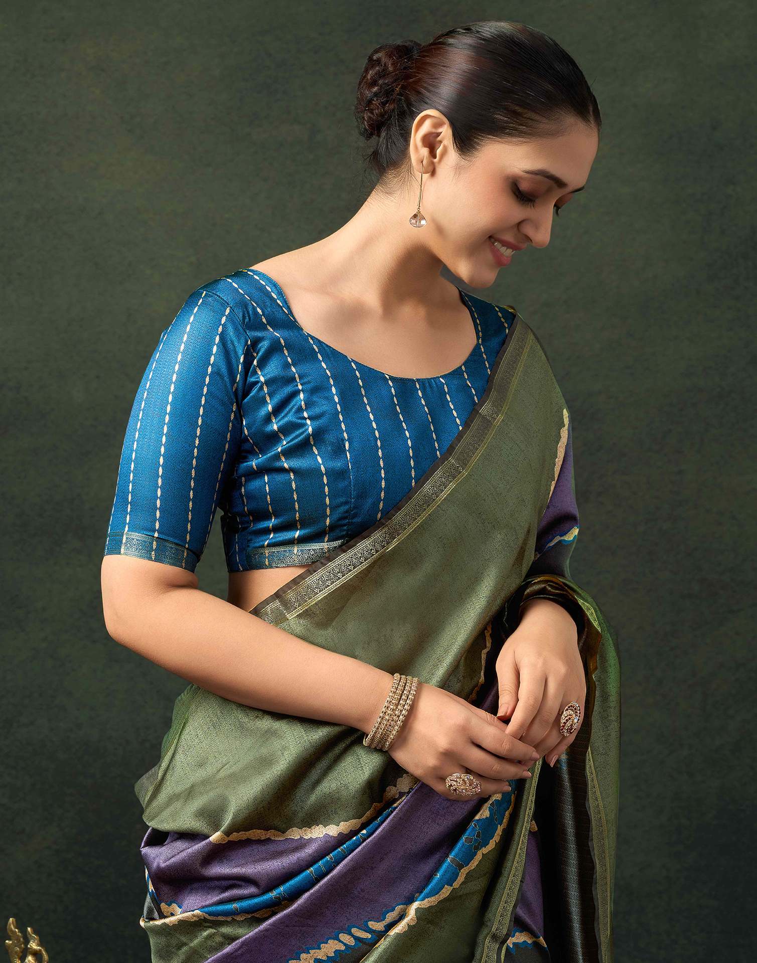 Olive Green Silk Printed Saree - Image 2