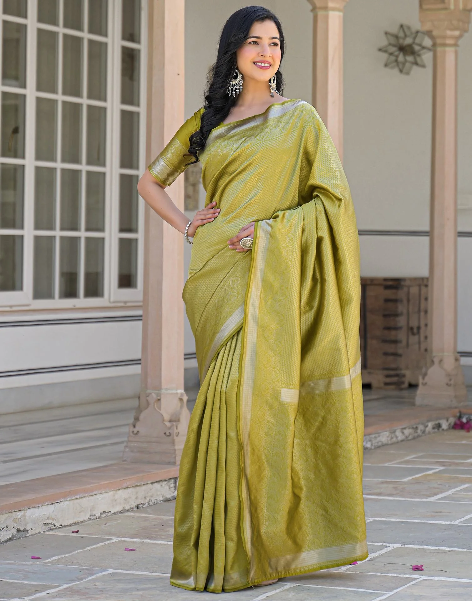 Olive Green Silk Woven Bananrasi Saree - Image 6