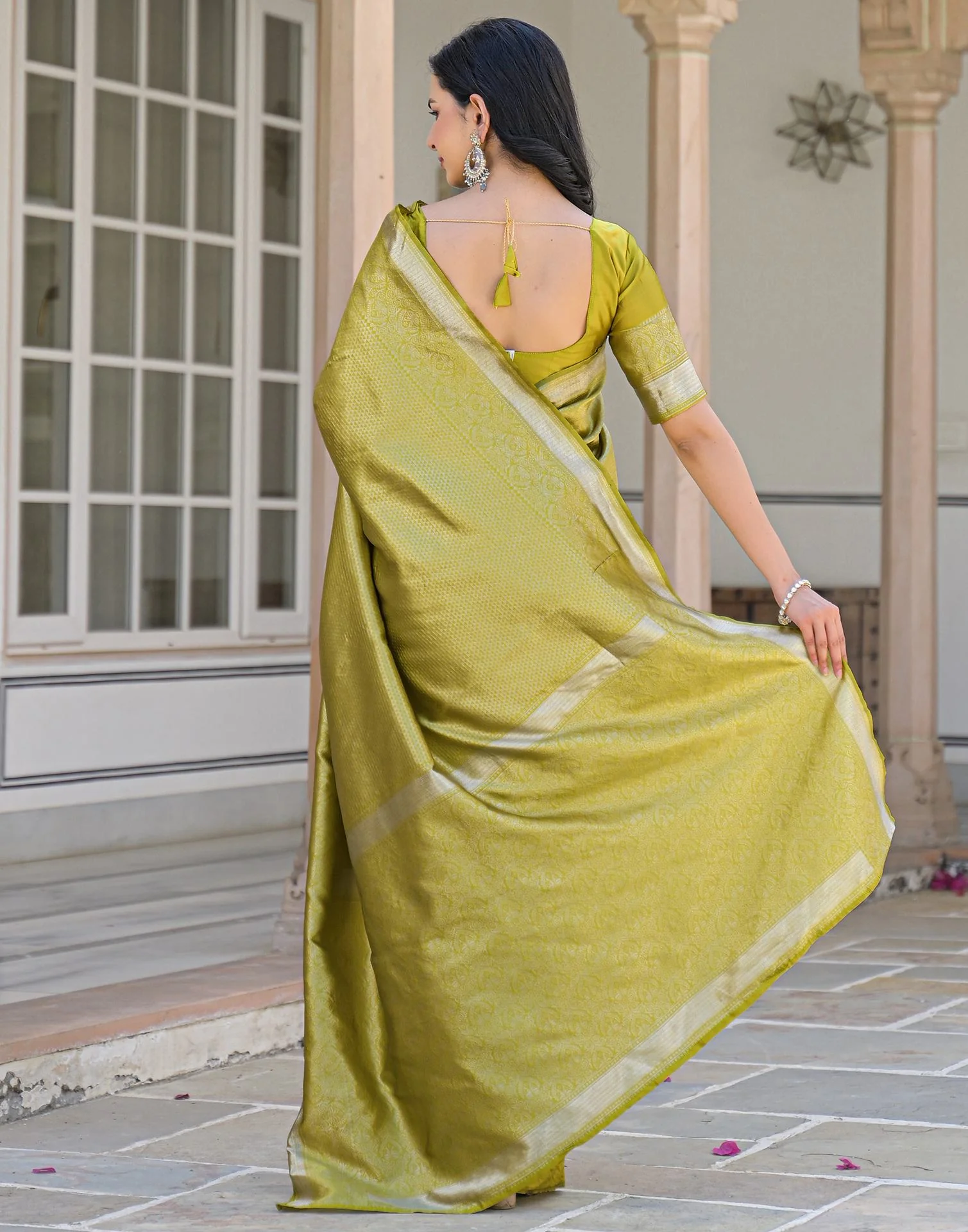 Olive Green Silk Woven Bananrasi Saree - Image 8