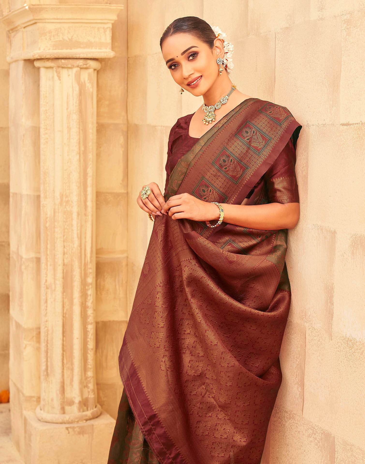 Olive Green Silk Woven Kanjivaram Saree - Image 2