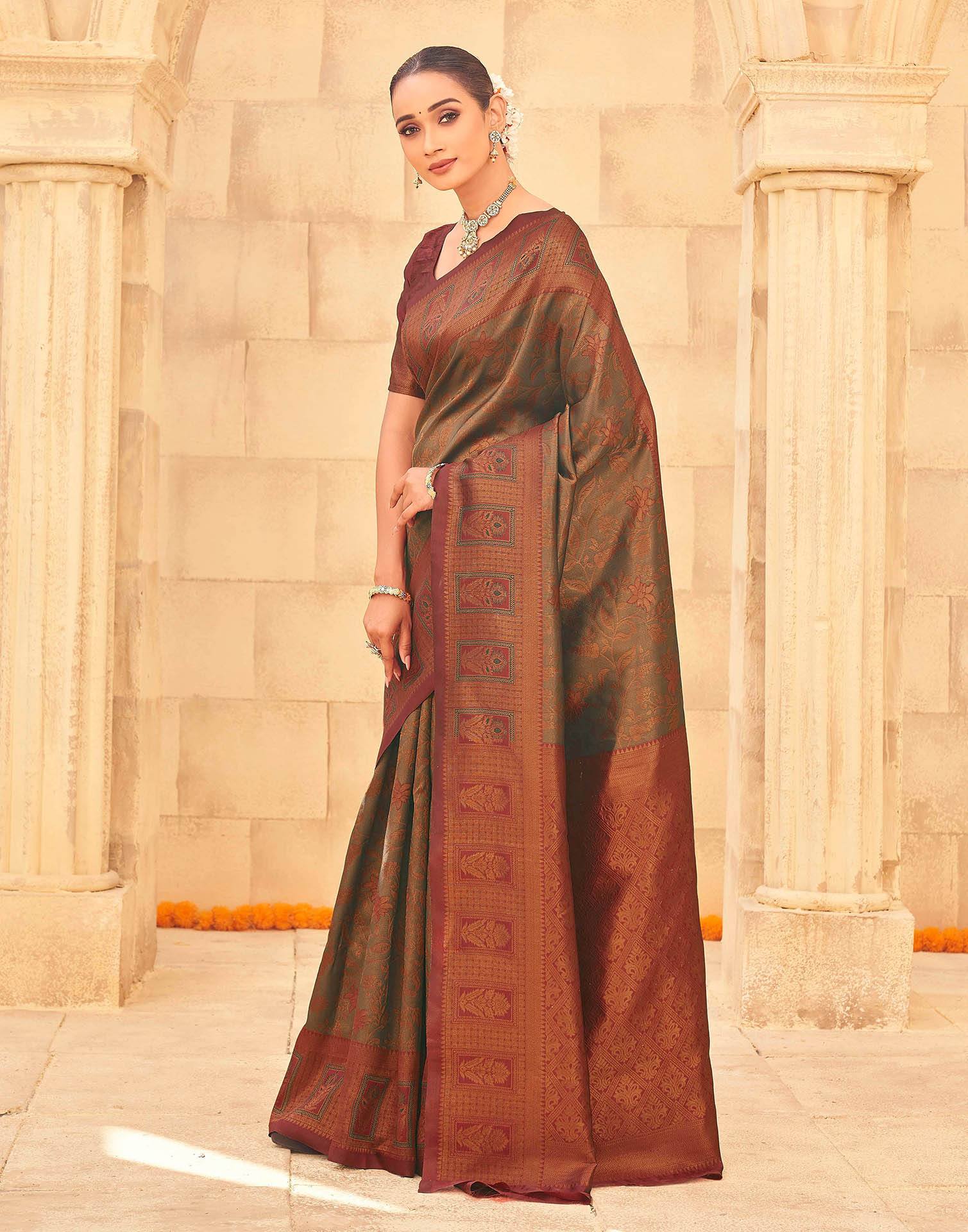 Olive Green Silk Woven Kanjivaram Saree - Image 4