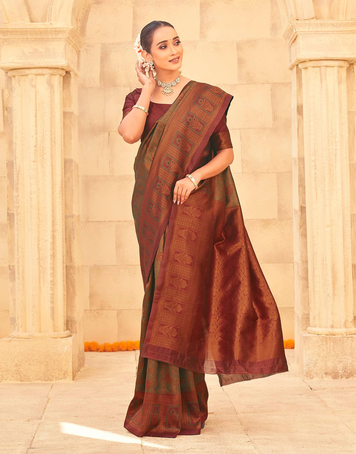Olive Green Silk Woven Kanjivaram Saree - Image 5
