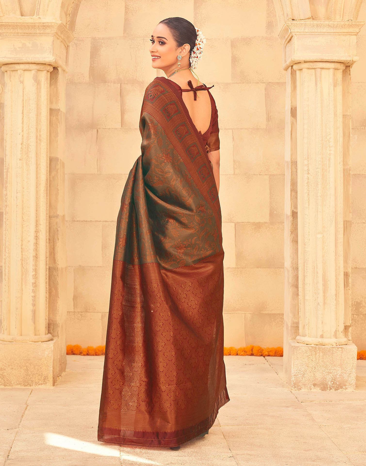 Olive Green Silk Woven Kanjivaram Saree - Image 6