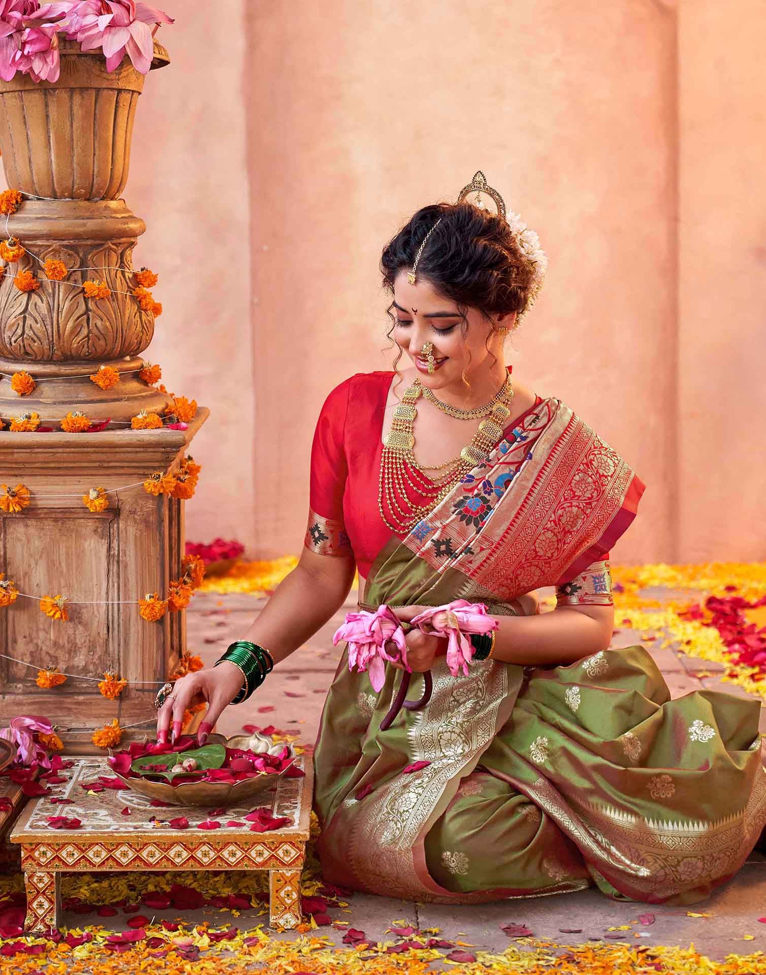 Olive Green Silk Woven Paithani Saree - Image 2