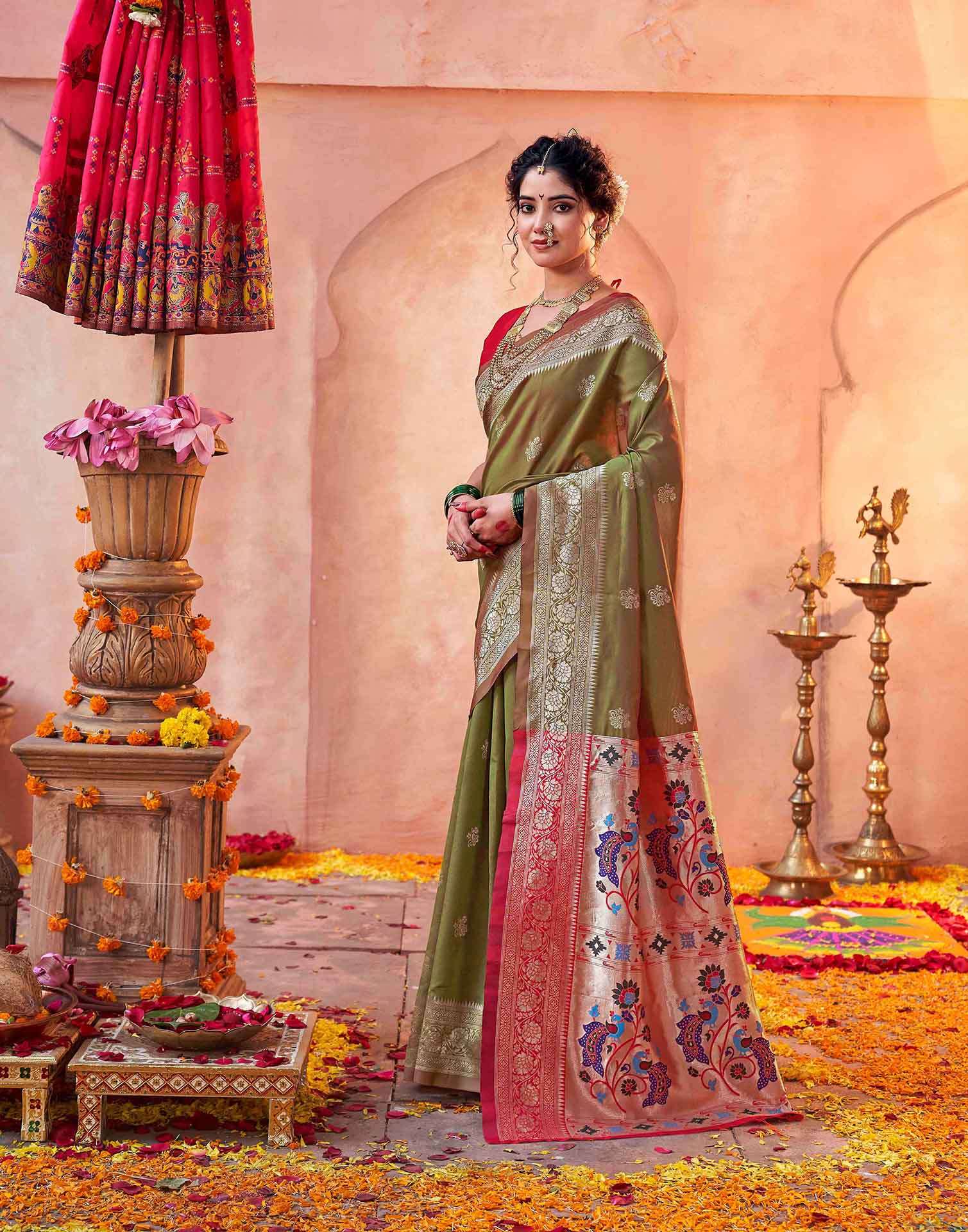 Olive Green Silk Woven Paithani Saree - Image 4