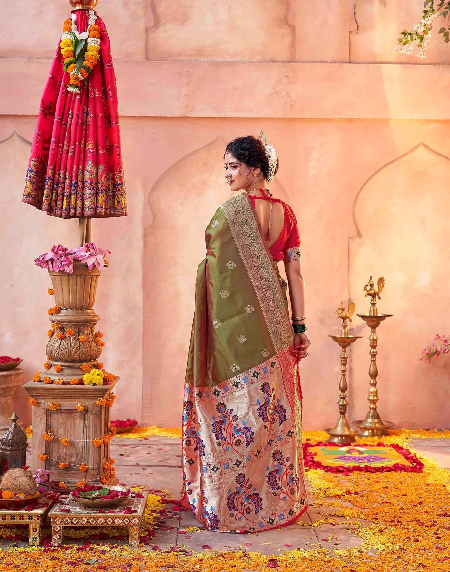 Olive Green Silk Woven Paithani Saree - Image 6